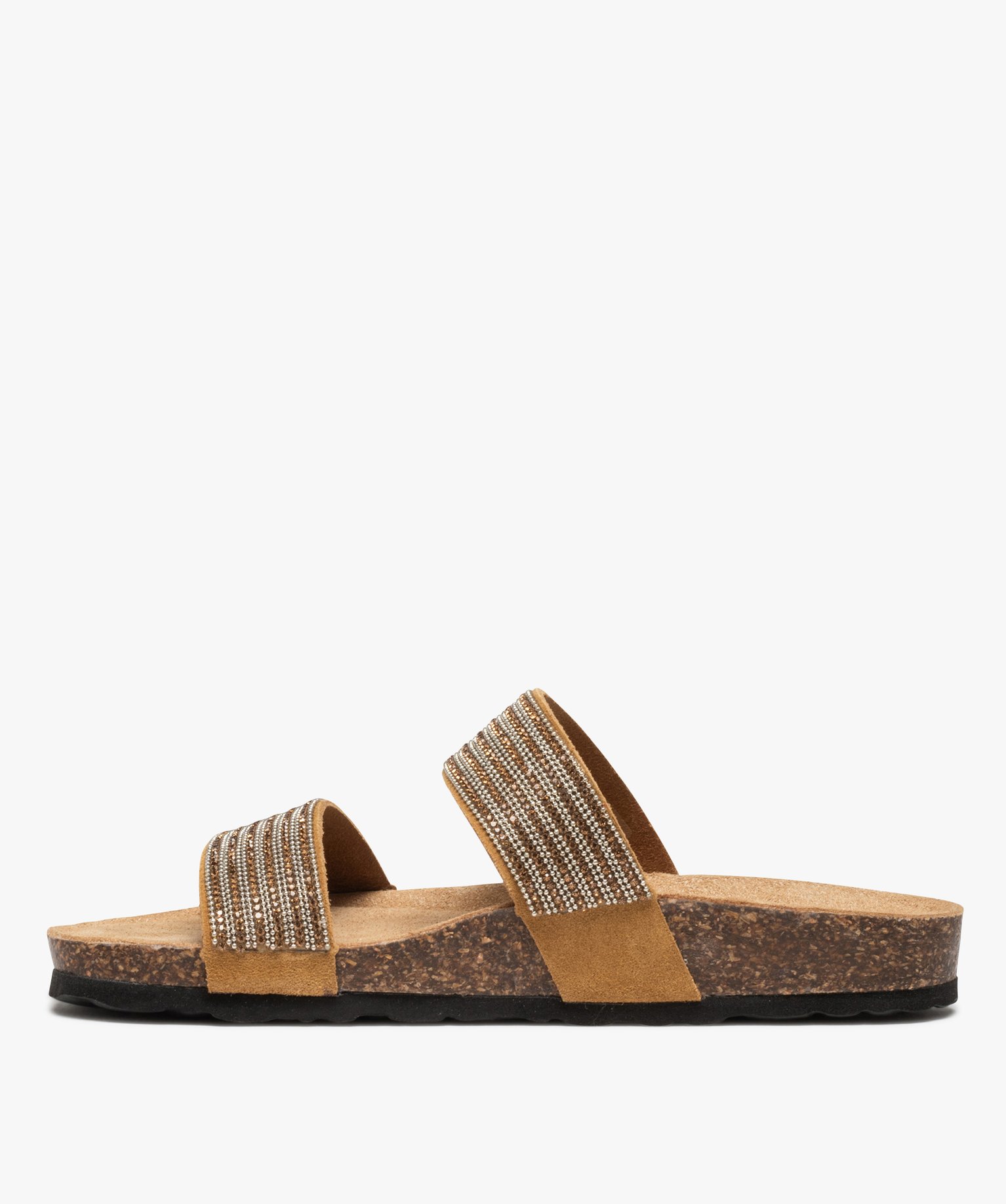 Mules femme plates à semelle liège et brides strass camel | GEMO