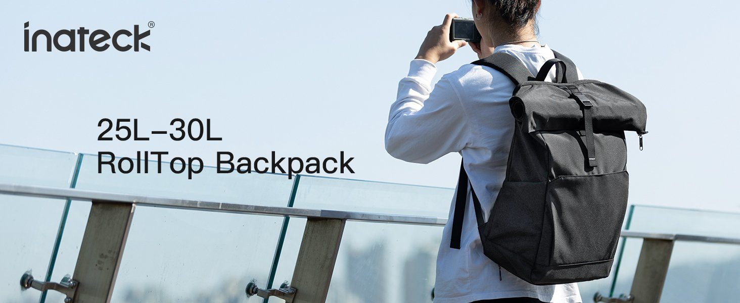 Inateck Laptoprucksack RollTop Rucksack 25L-30L, Tagesrucksack kompatibel mit 17 Zoll Laptops, mit Kopfhörer-/Ladeanschluss und separatem Schuhfach