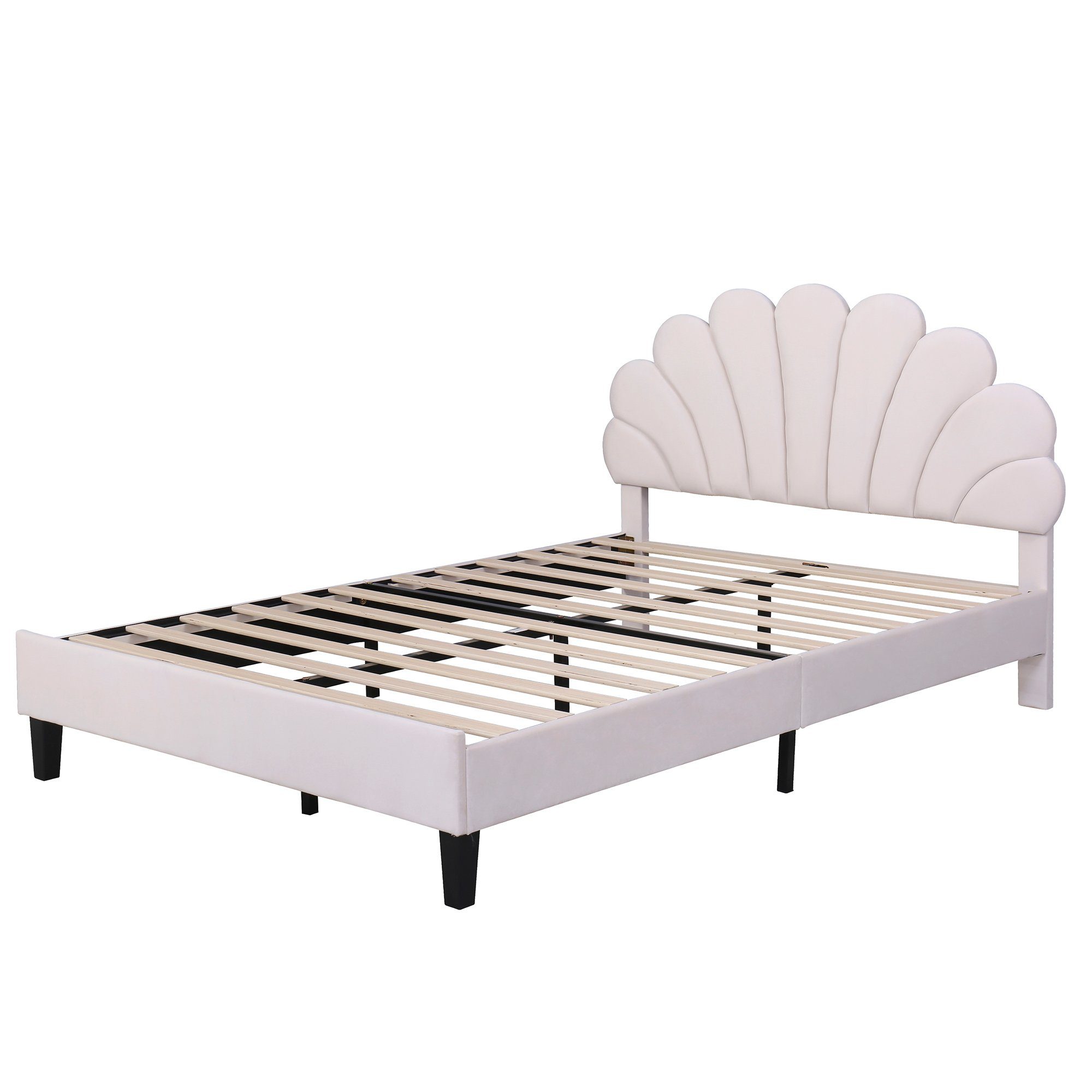Merax Polsterbett 140x200cm mit Blumenform-Kopfteil und Lattenrost, Doppelbett mit höhenverstellbarem Kopfteil und Samtbezug, Jugendbett