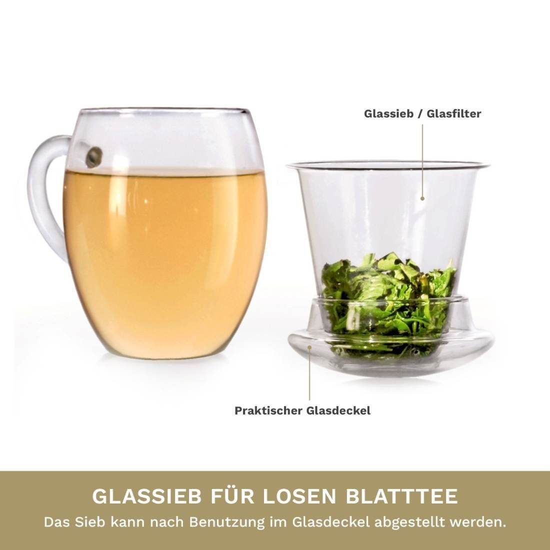 Creano Teeglas All in one, mit Glassieb & Henkel, Borosilikatglas, 3-teilig