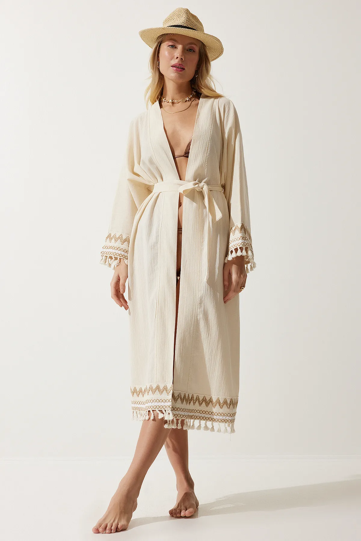 Happiness İstanbul  Kimono & Kaftan - Beige - Regular Fit