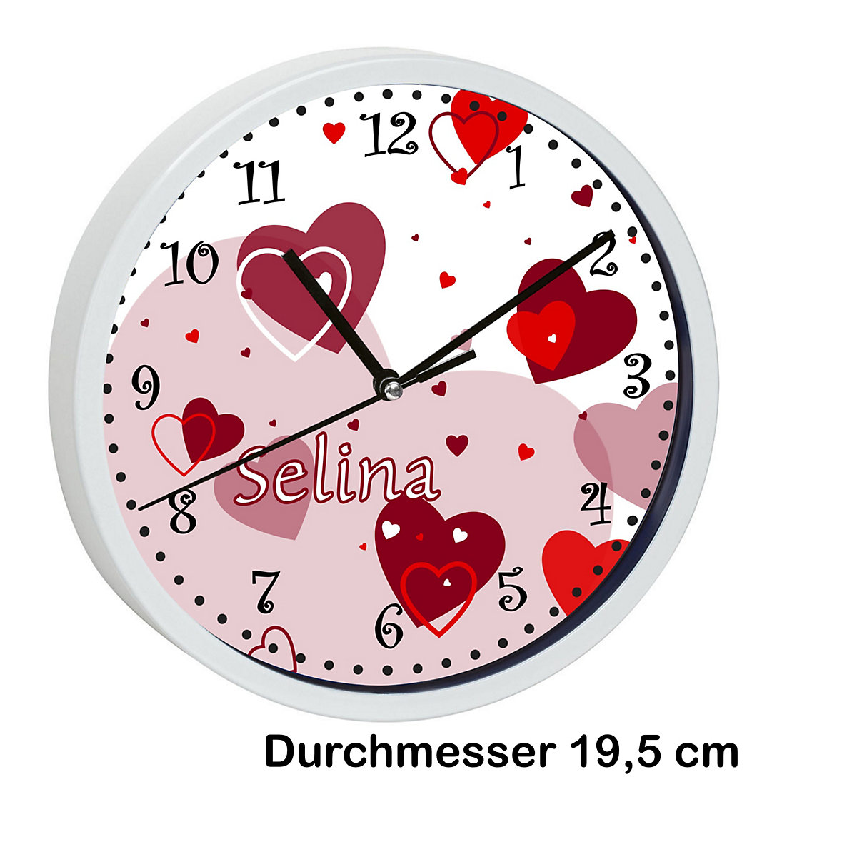 Kinder Wanduhr laufruhig personalisiert mit Name Herz Rot