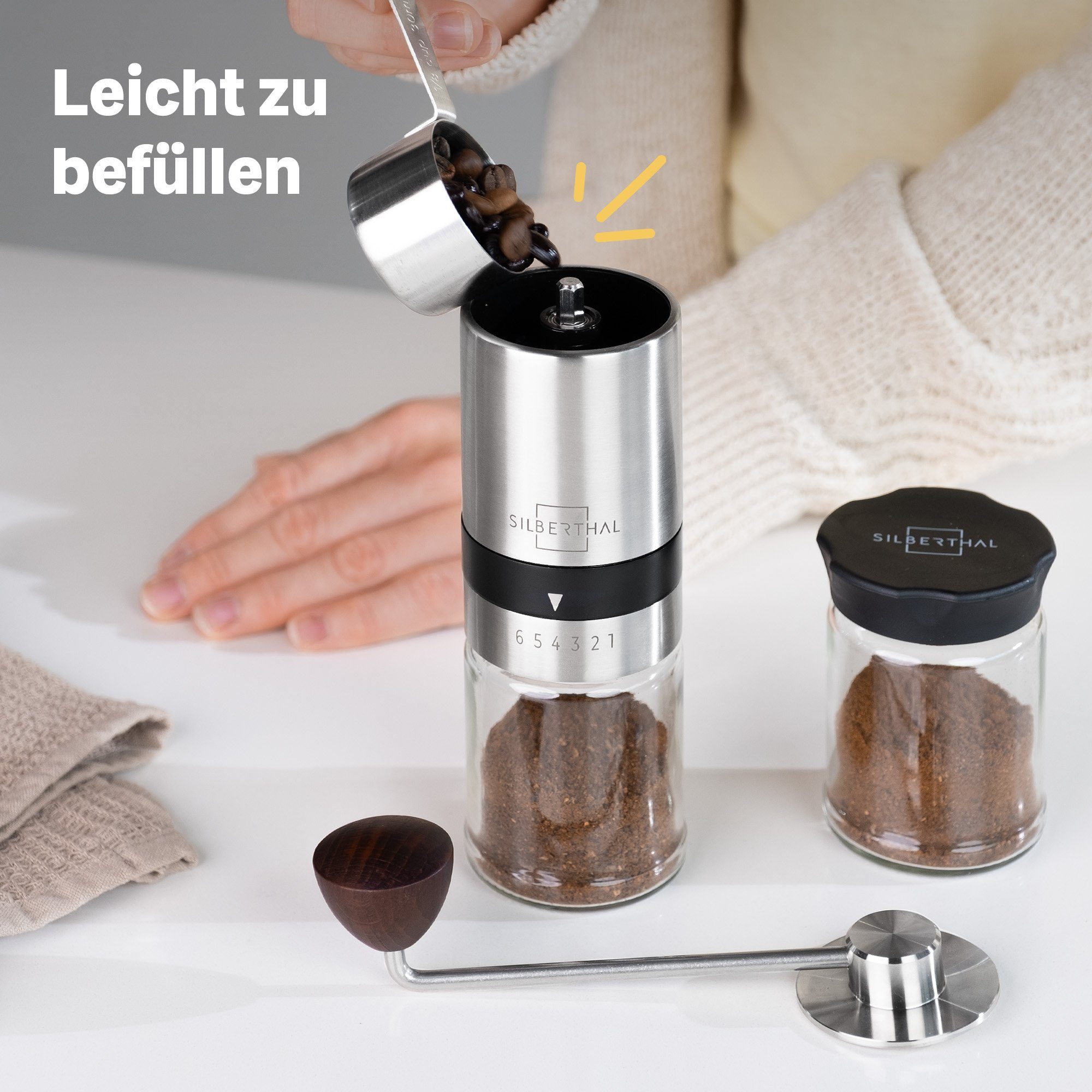 SILBERTHAL Kaffeemühle manuell, Kegelmahlwerk, 17,00 g Bohnenbehälter, Handmühle aus Edelstahl mit Ersatzglas und Reinigungspinsel