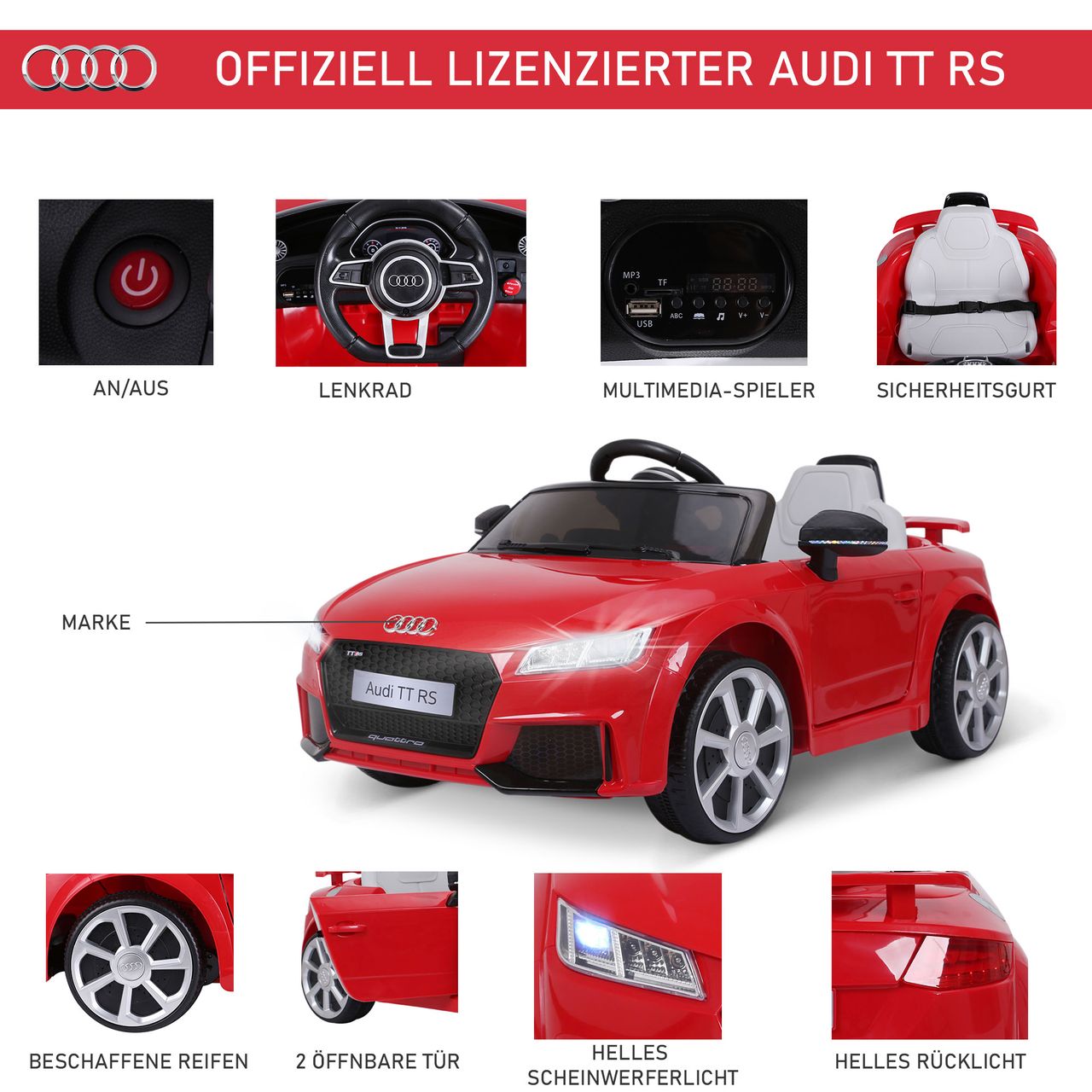 HOMCOM Kinderfahrzeug Elektroauto Fernbedienung MP3 PP Rot