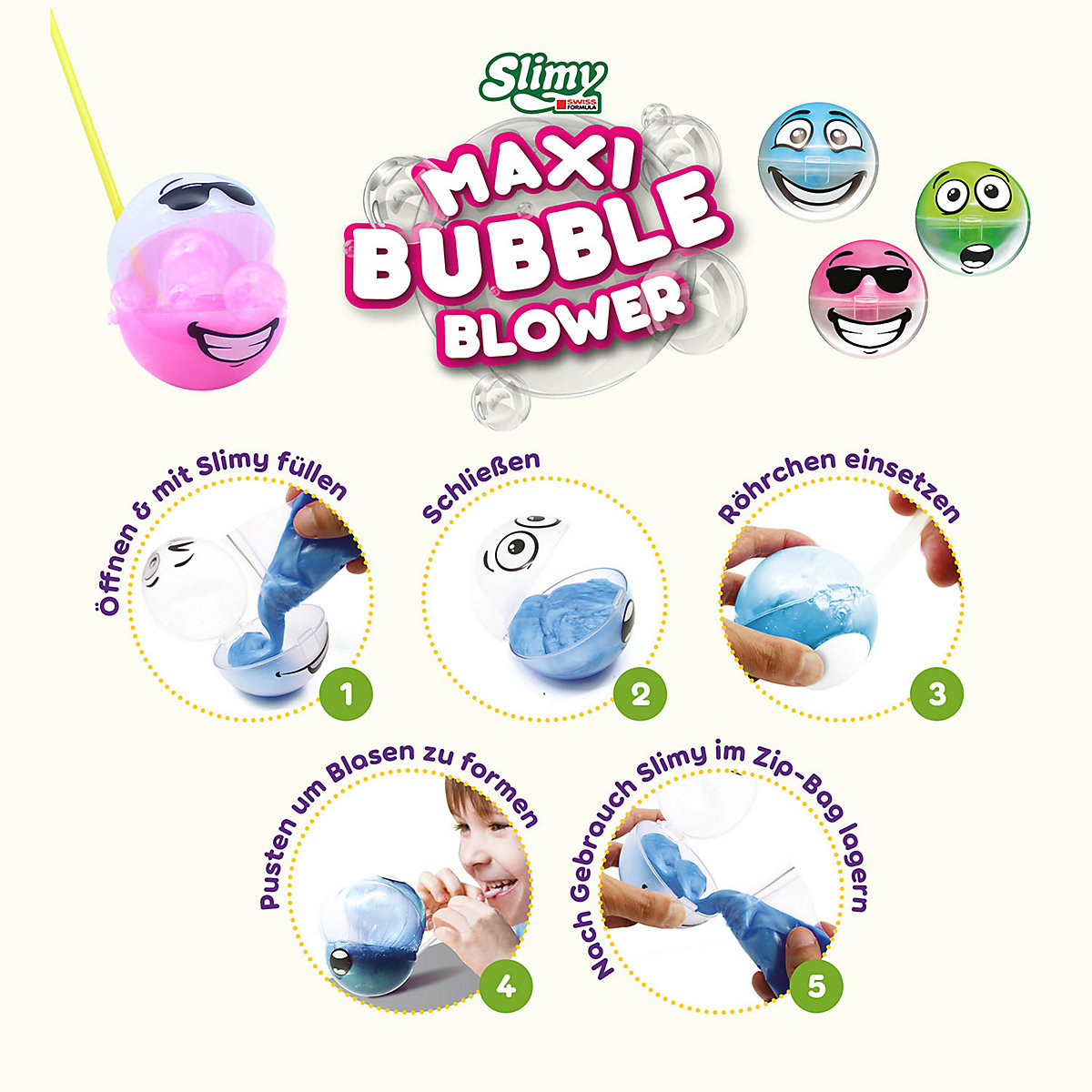 SLIMY® Maxi Bubble mit Bubble-Blower - für supergroße Schleim-Blasen aus extrem dehnbarem Slime, Spielmasse für Kinder