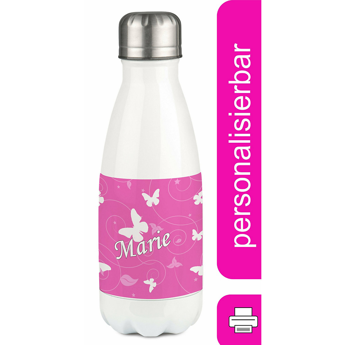 Edelstahl Kinder Thermoflasche / Trinkflasche bunt Schmetterling Ornamente Farbe rosa Spülmaschinenfest, Auslaufsicher, Bruchfest, Doppelwandig, Für Heißgetränke geeignet, Mit Deckel, Isoliert