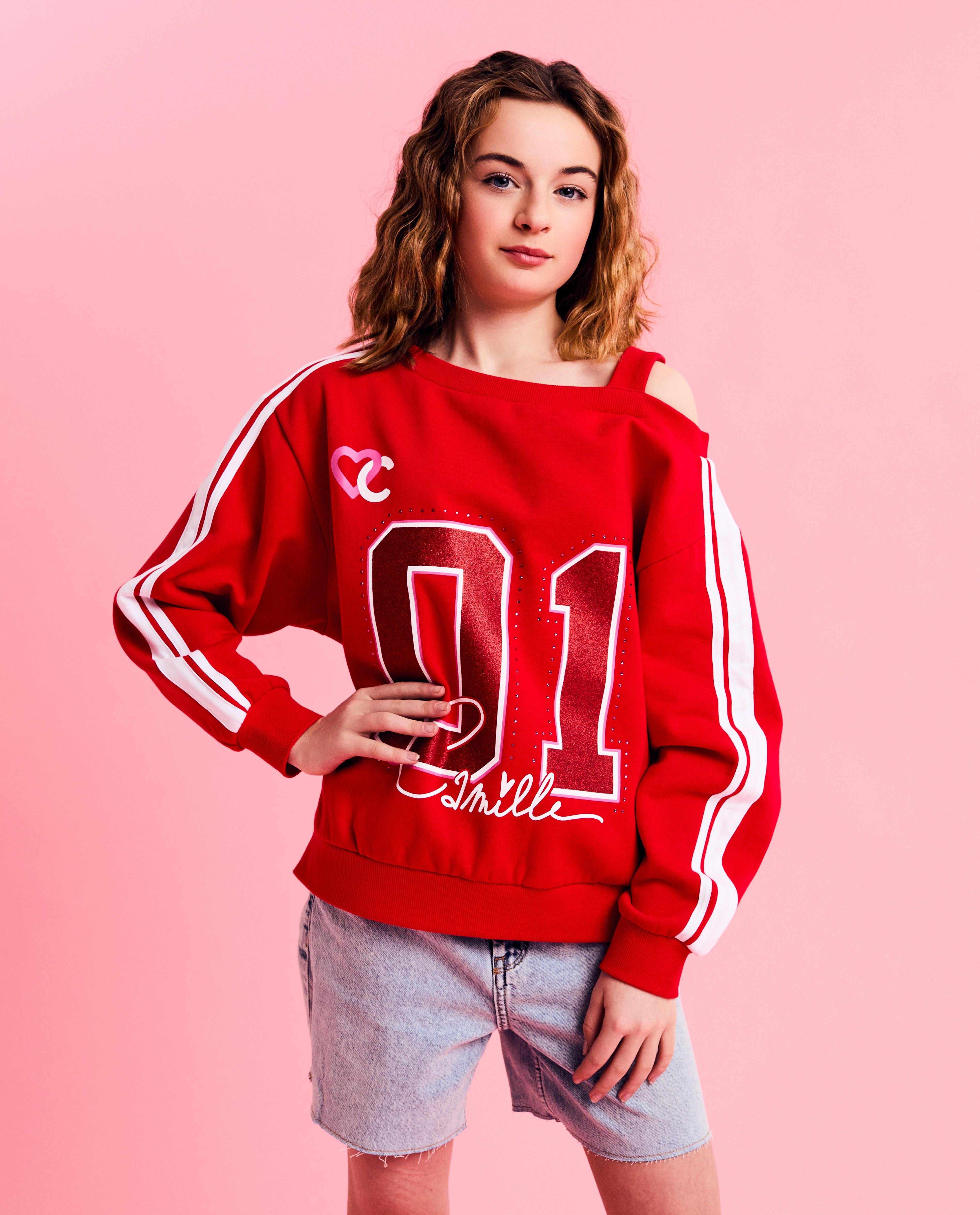 CAMILLE Leengedett vállú pulóver, 6-14 éveseknek, piros
