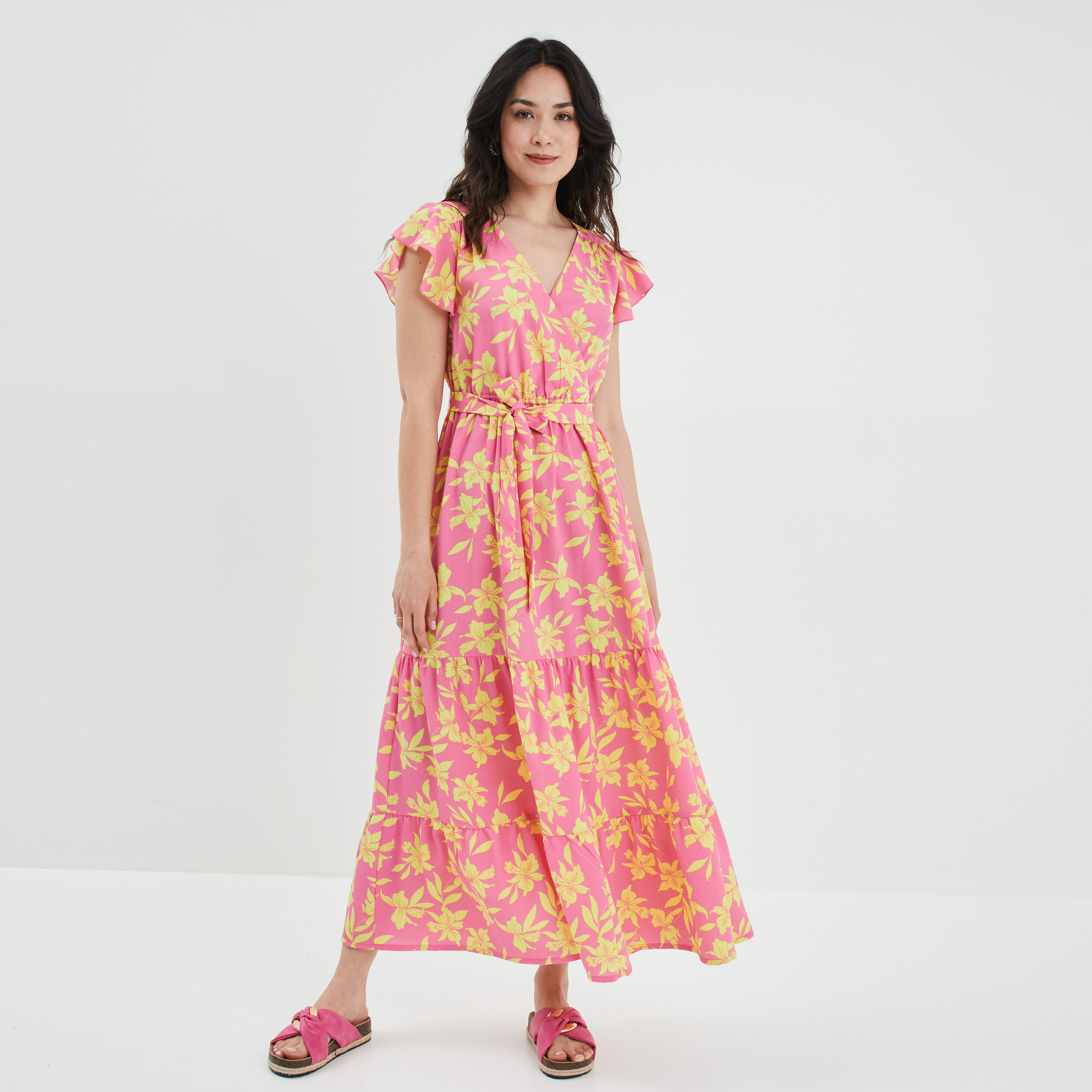 Robe longue évasée volantée Mosquitos rose femme | La Halle