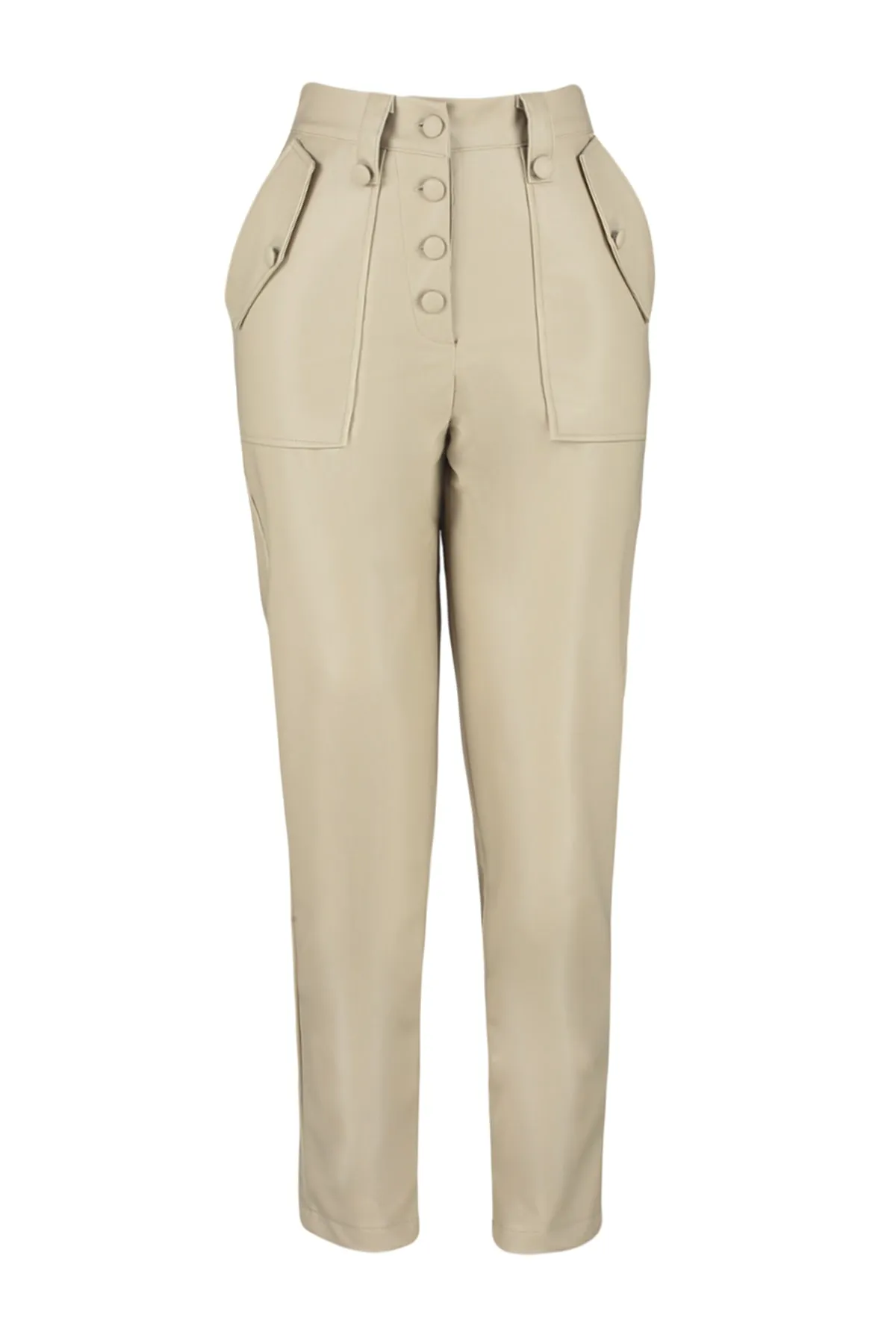 Trendyol Collection  Nerzfarbene Karottenhose aus Kunstleder mit gewebter Vorderseite und Knöpfen TWOAW22PL0083