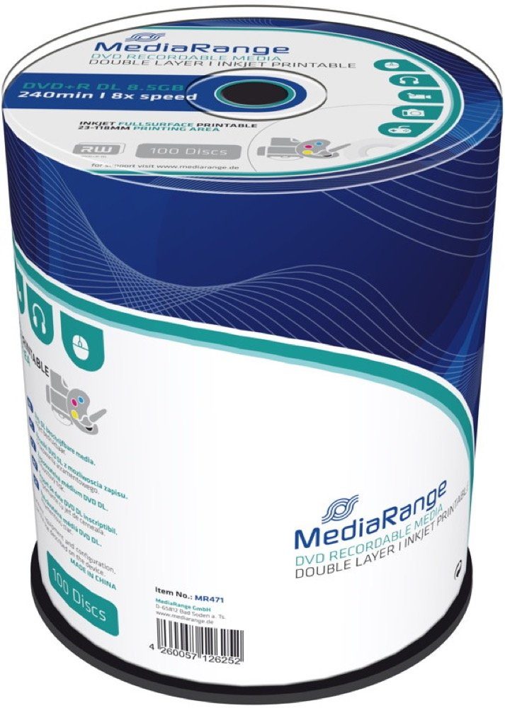 Mediarange DVD-Rohling 100 Rohlinge DVD+R Double Layer full printable 8,5GB 8x Spindel