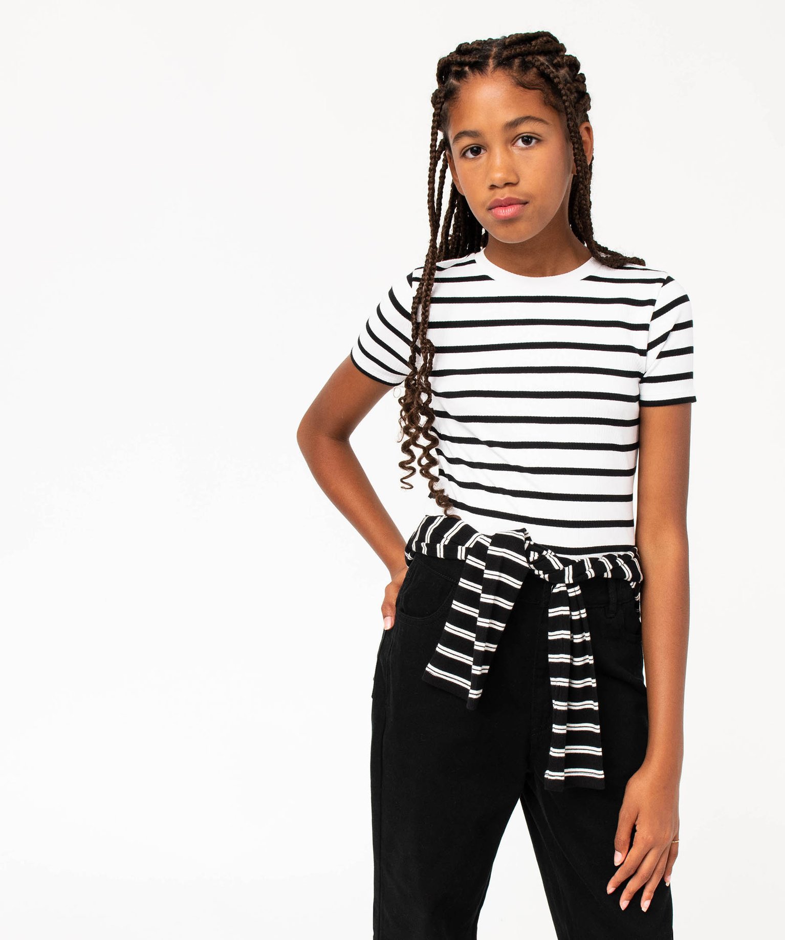 Tee-shirt fille en maille ctelée à manches courtes raye | GEMO
