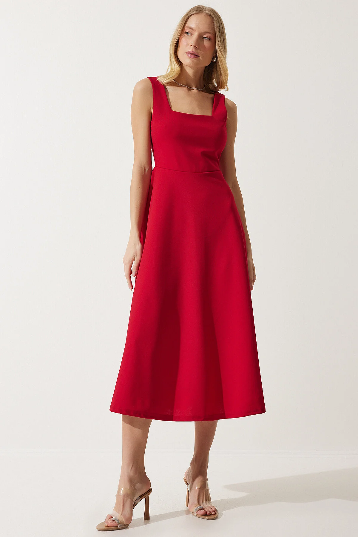 Happiness İstanbul  Rotes A-Linien-Kleid mit quadratischem Kragen für Damen DK00169