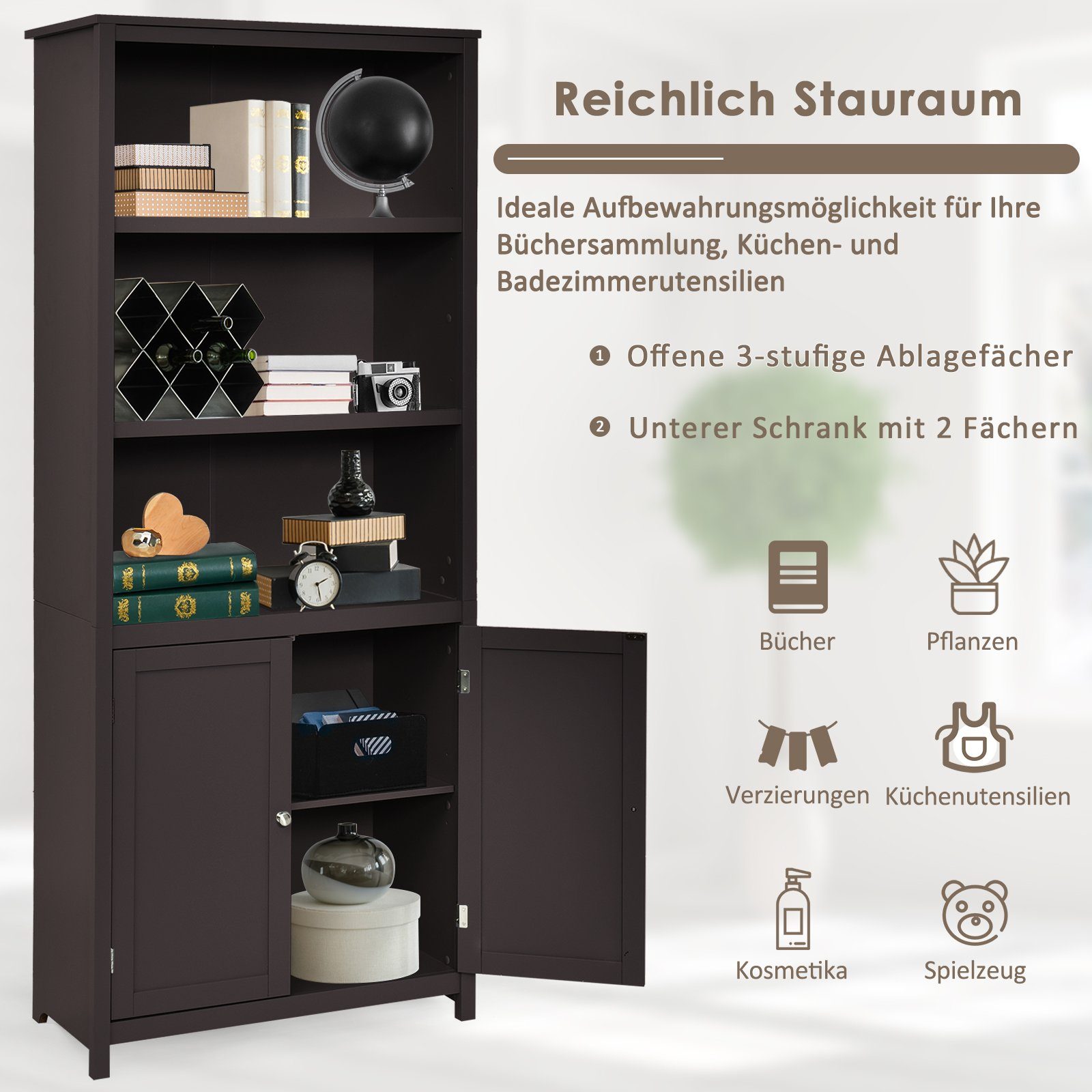 COSTWAY Bücherregal, mit Türen & Schrank, 3 offene Regale, 74,5x35,5x181,5 cm