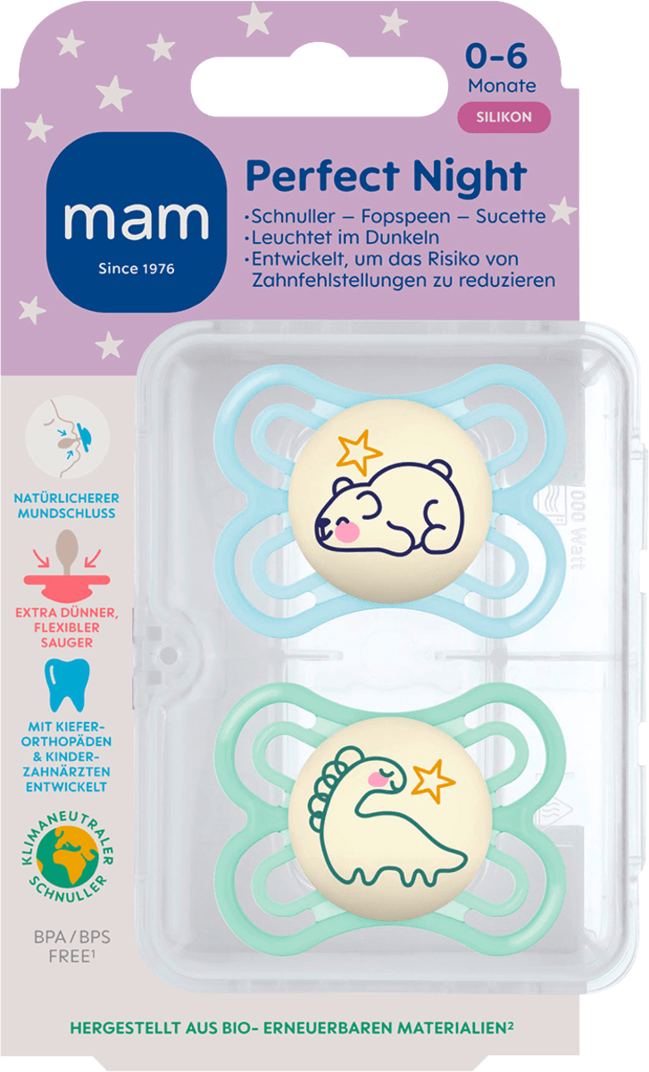Schnuller Perfect Night Silikon, blau/mint, 0-6 Monate, 2 St