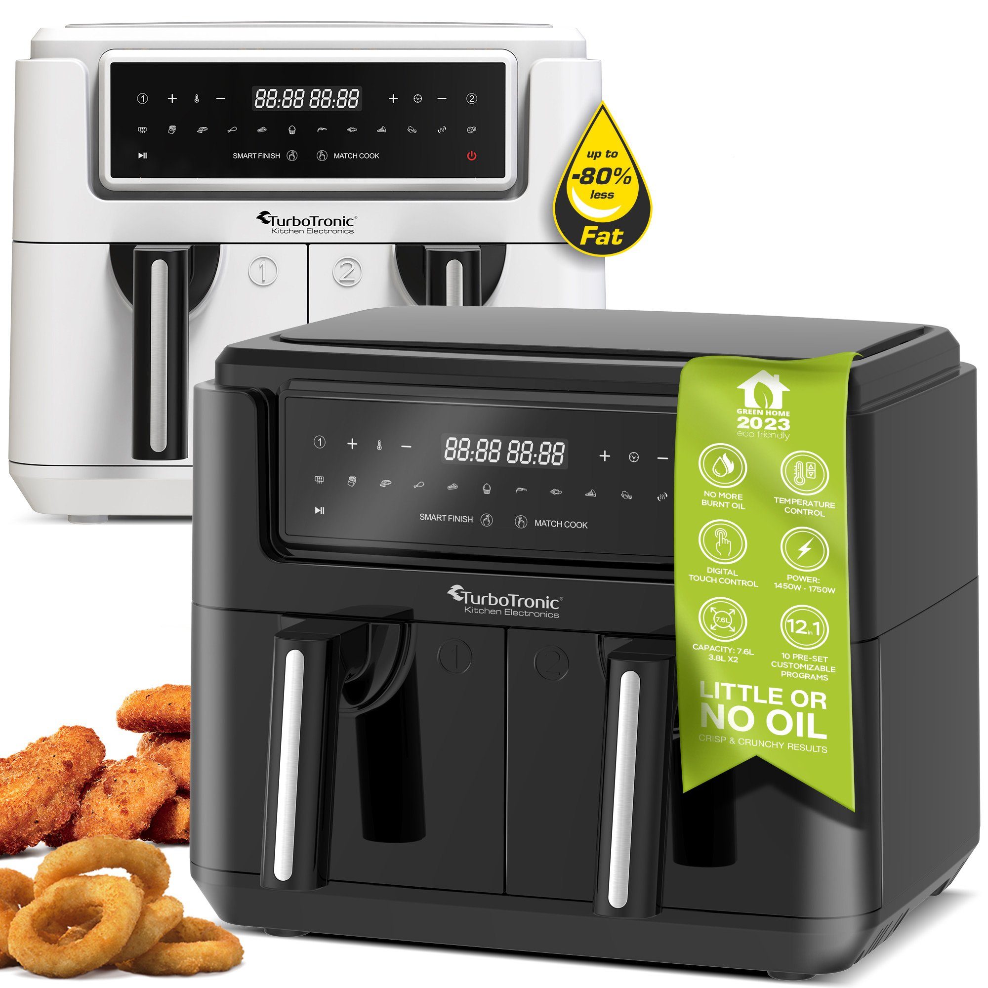 TurboTronic by Z-Line Heißluftfritteuse XXL doppel Airfryer 1750W 7,6L 2x 3,8L Kammer 12 Programme digitale, 1750 W