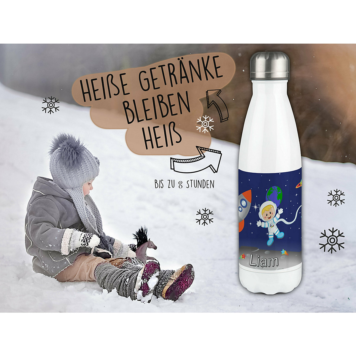 Edelstahl Kinder Thermoflasche / Trinkflasche bunt Weltall Spülmaschinenfest, Auslaufsicher, Bruchfest, Doppelwandig, Für Heißgetränke geeignet, Mit Deckel, Isoliert