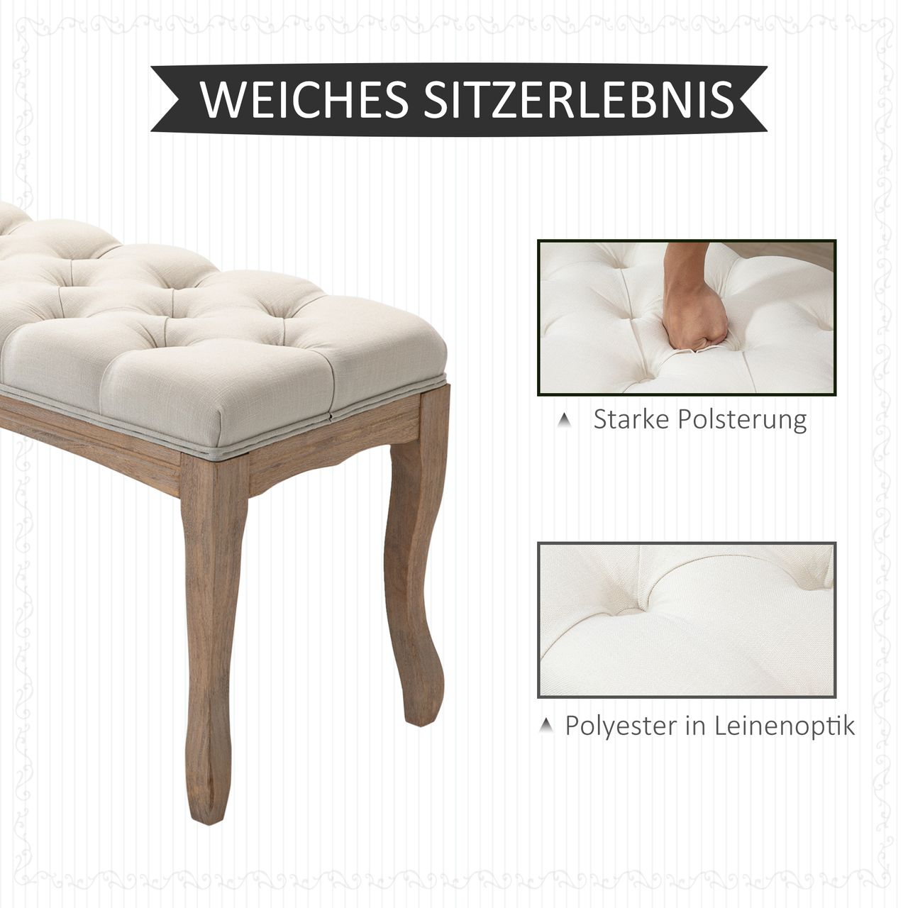 HOMCOM Polsterbank Sitzbank Truhenbank Schuhbank Vintage Gummiholz Leinen Beige