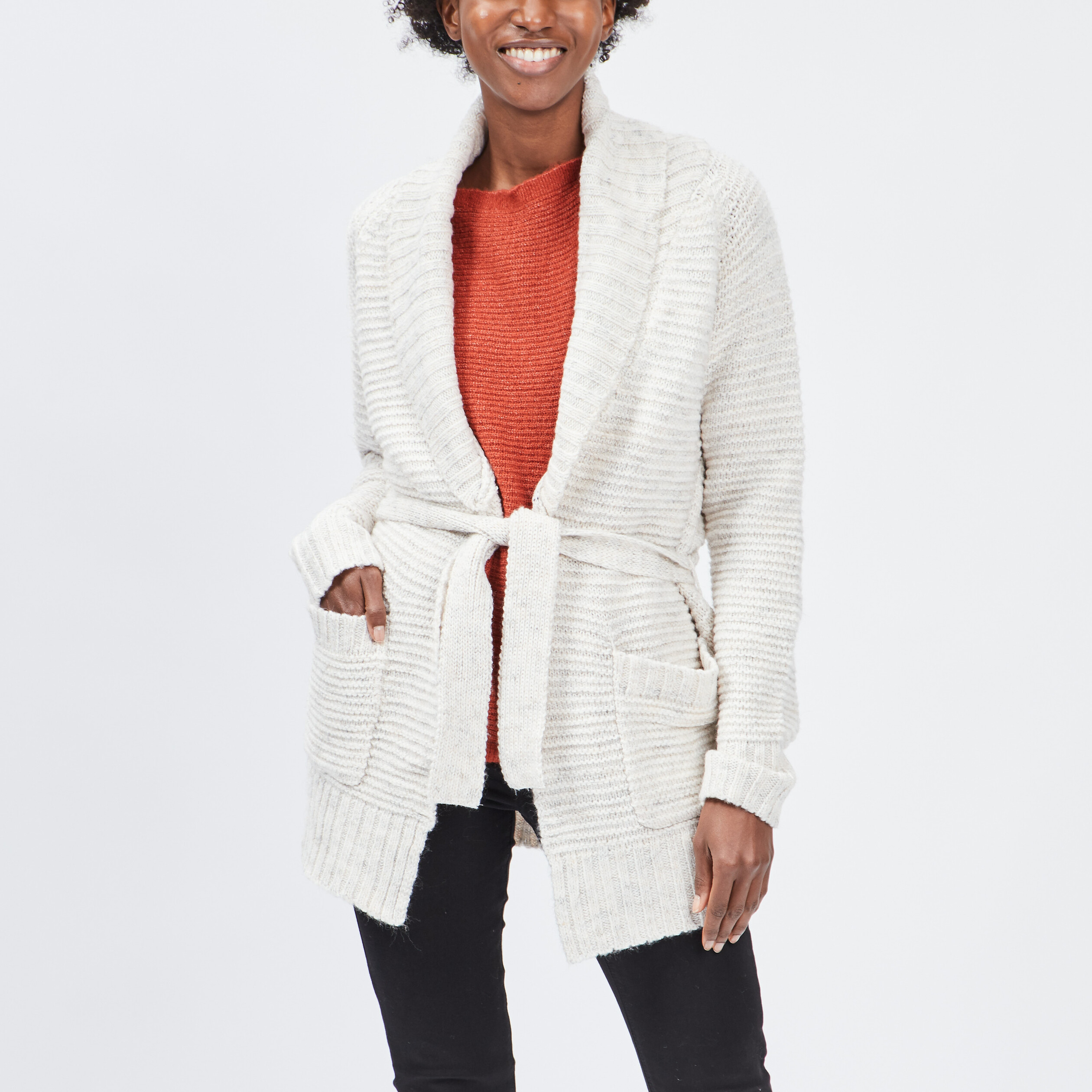 Gilet mi-long ceinturé ecru femme | La Halle