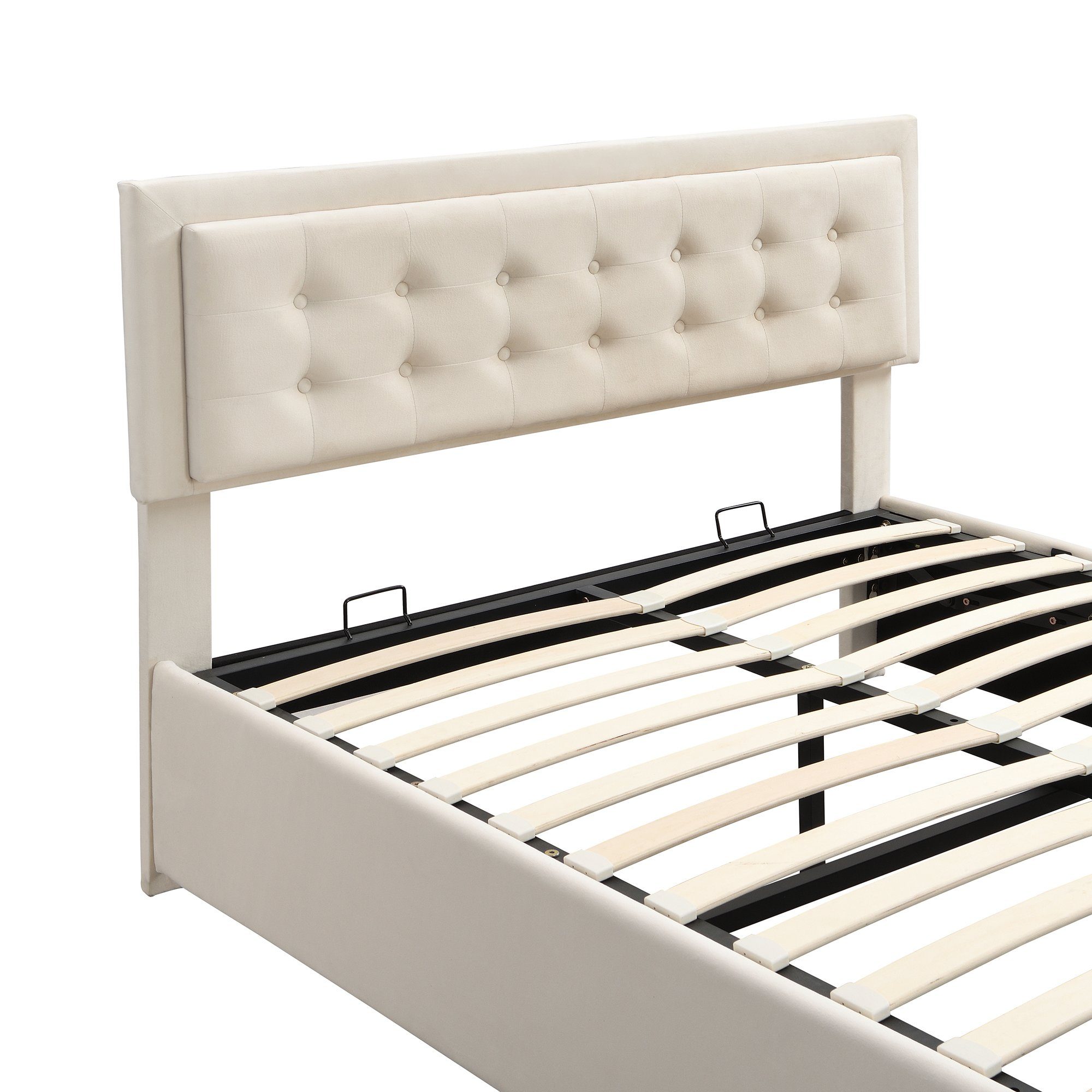 Ulife Polsterbett hydraulisches Doppelbett Funktionsbett Bettrahmen (mit Lattenrost und Kopfteil,mit 2 Schubladen), Holzlattenunterstützung, Samt, 140 x 200cm