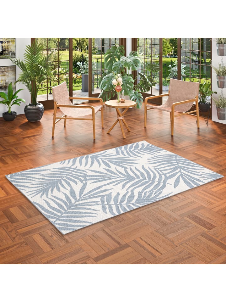 Pergamon In & Outdoor Teppich Flachgewebe Marbella Blätter in Blau günstig kaufen