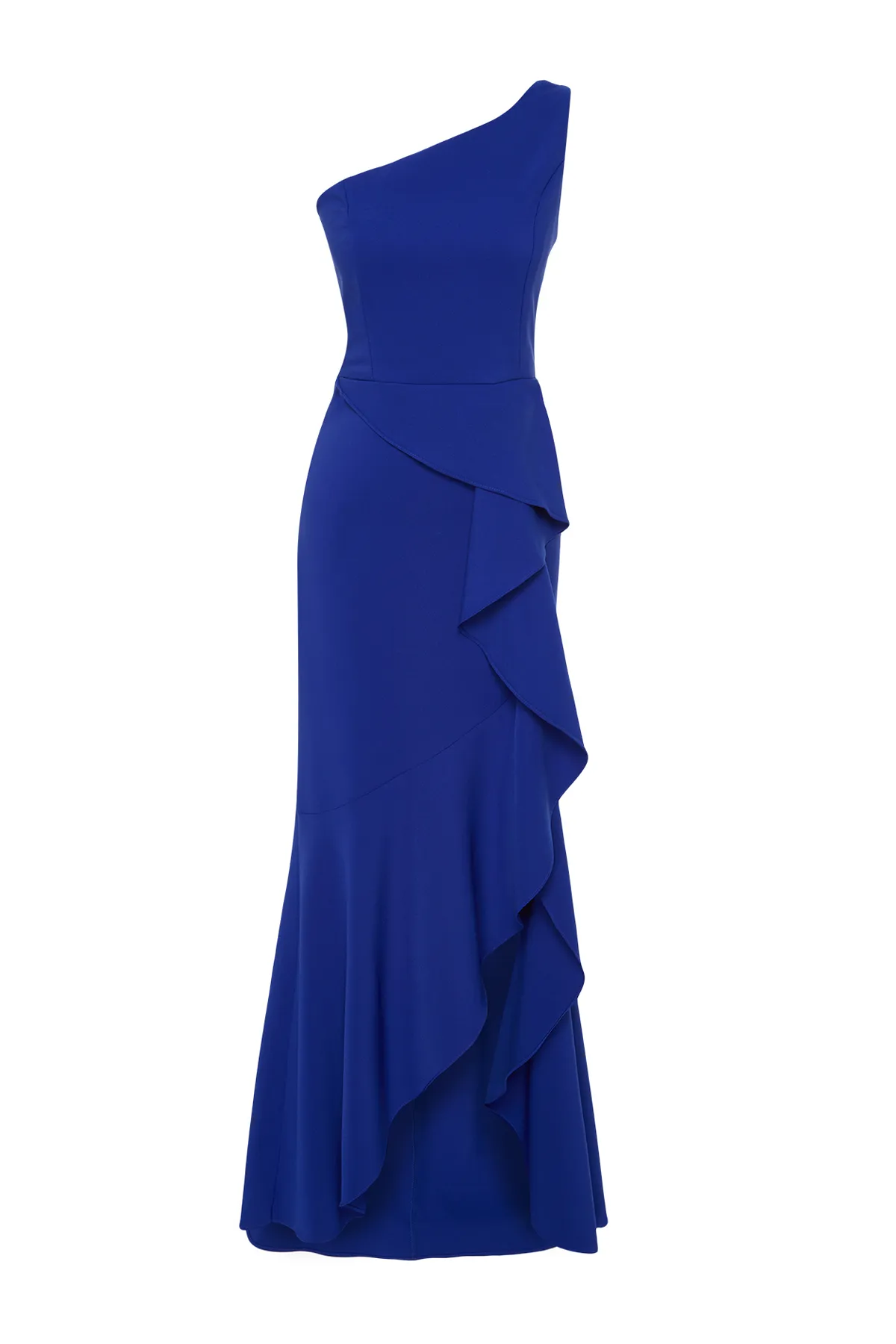 Trendyol Collection  Saks – Langes Abendkleid mit Volant und einzelnen Ärmeln TPRSS24AE00126