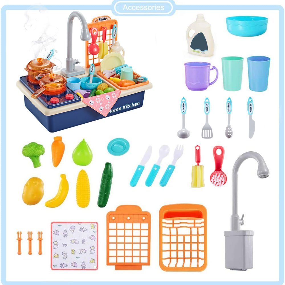 LBLA Lernspielzeug Küchenspüle Spielzeug Set mit Wasserkreislauf Geschirrspüler, Küchenspielset mit Geschirr Gemüse Obst Weihnachtsgeschenk für Kinder