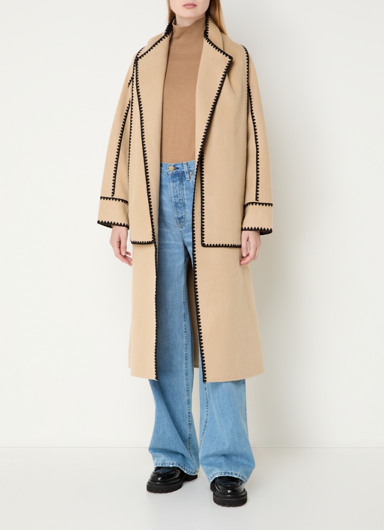 Maje coat in wool blend with bow belt and embroidery