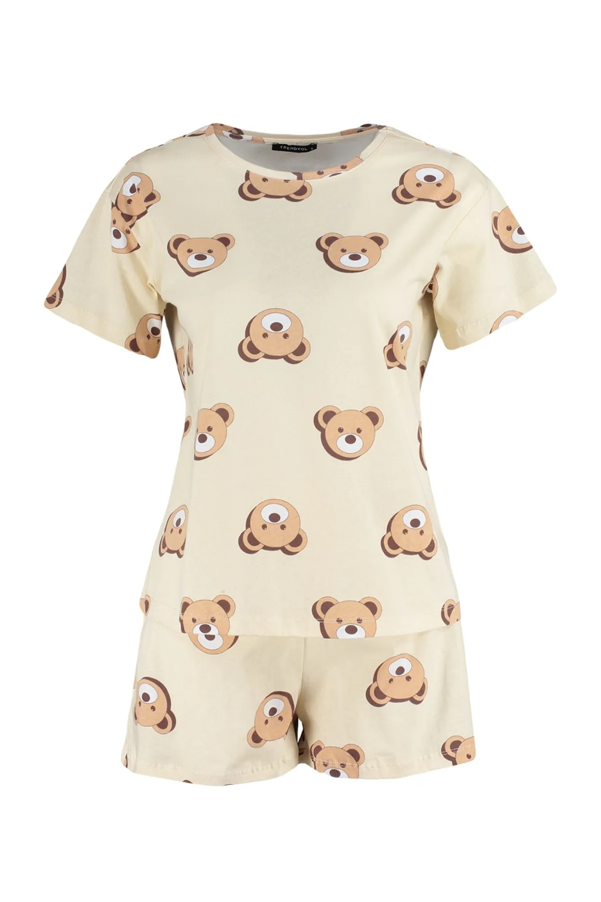 Trendyol Collection  Ecru gestricktes Pyjama-Set aus 100 % Baumwolle mit Teddybär-Muster und T-Shirt-Shorts THMSS23PT00005