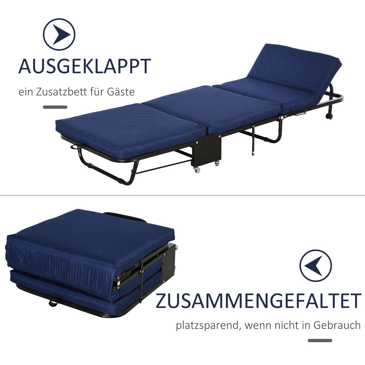 HOMCOM Gästebett klappbar, 2-in-1 Klappbett mit Rollen, Verstellbare Kopfteilhöhe, Stahl Schaumstoff, Blau, 184 x 65 x 26 cm
