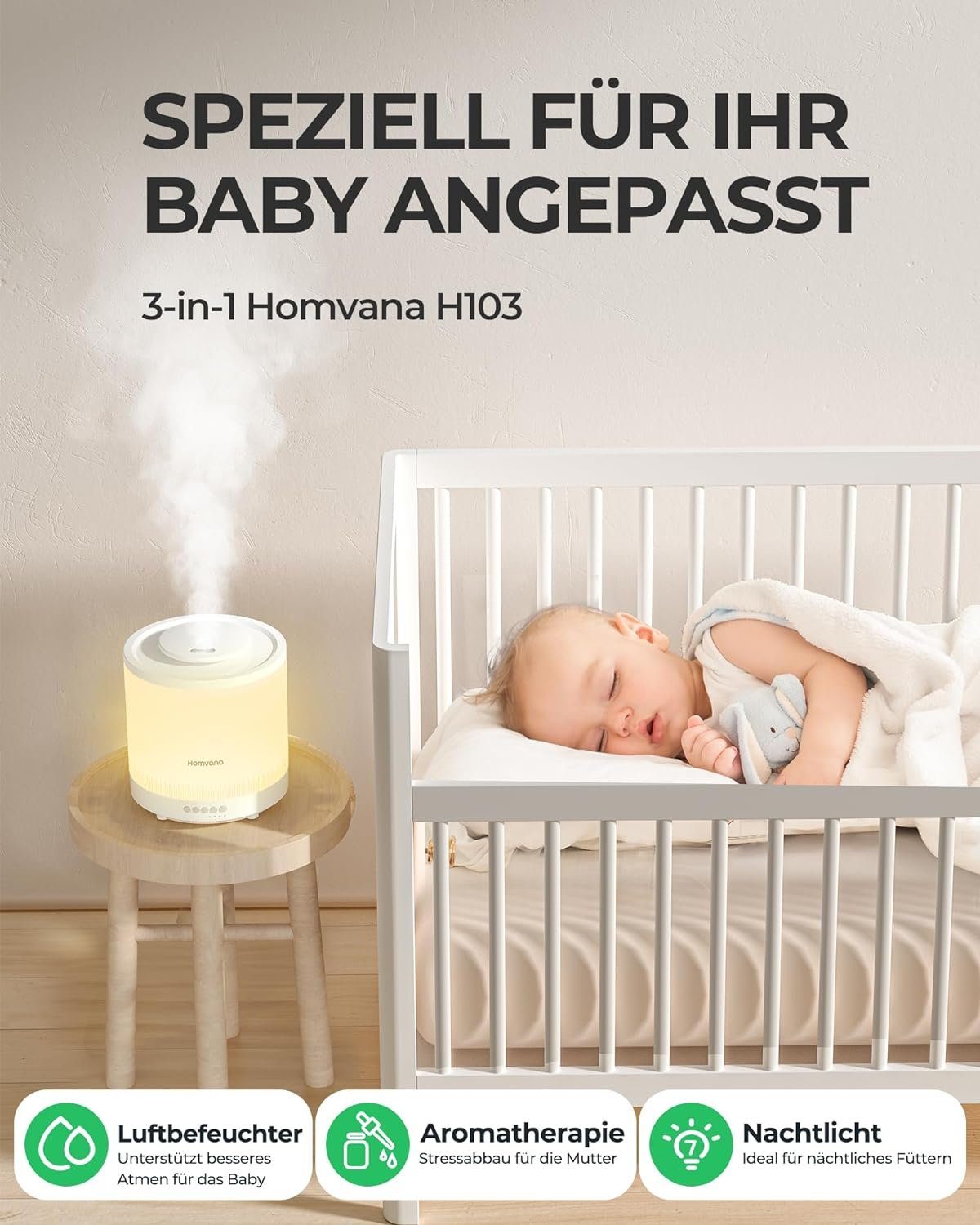 Homvana Luftreiniger, Schlafzimmer,1,8L Top-Fill, Cool Mist 30H Dauerhaft, Kinderzimmer Baby