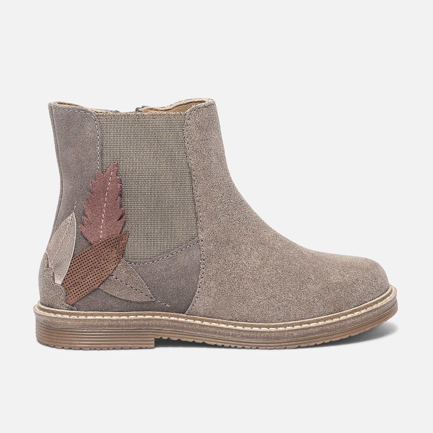 Chelsea boots taupe irisé en cuir velours avec plumes