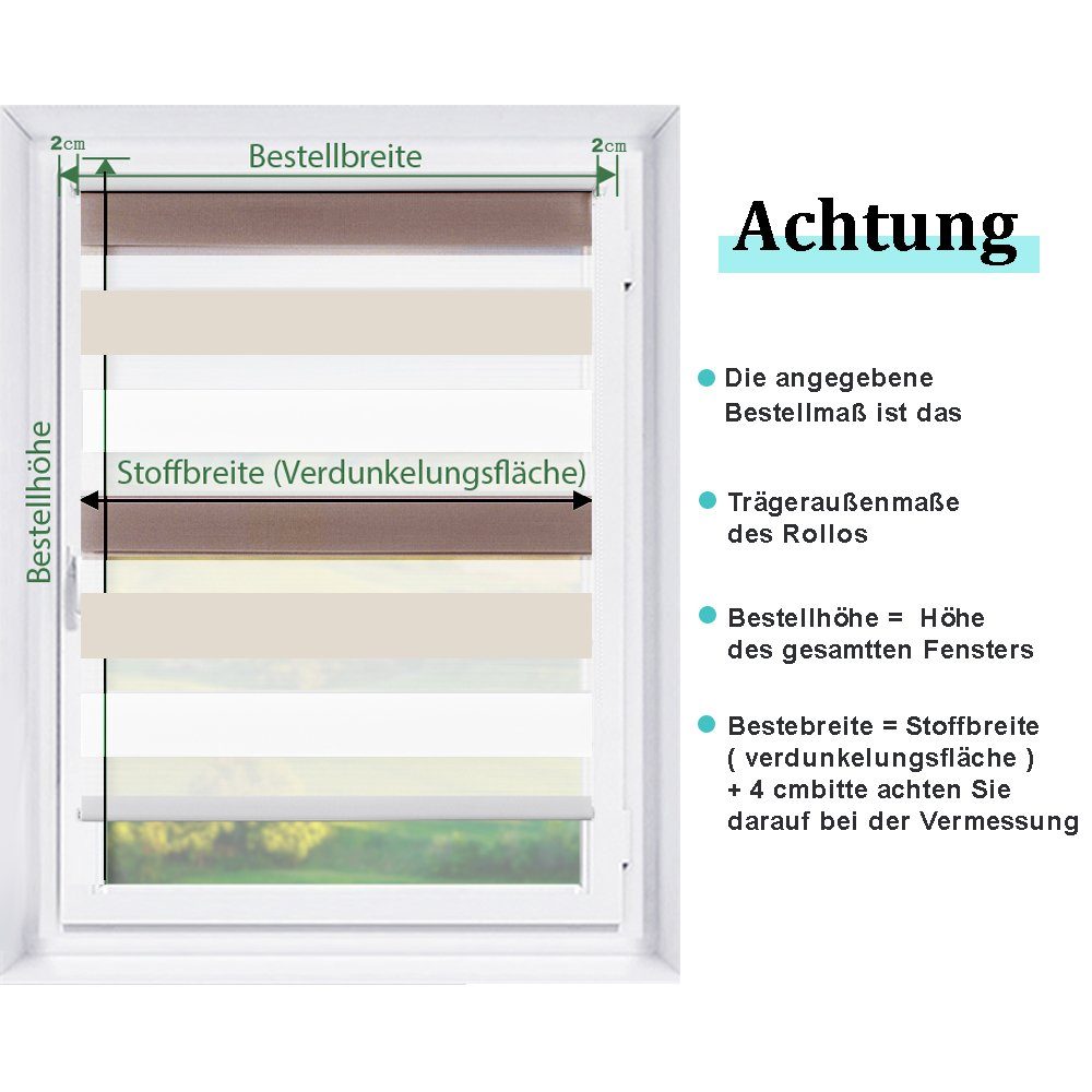 Doppelrollo ohne Bohren, Weiß-Beige-Braun/Weiß-Grau-Anthrazit, OUBO, Lichtdurchlässig Rollo für Fenster & Tür, Klemmfix, Klemmträger, Lichtschutz schnelle und einfache Montage mit beiliegendem