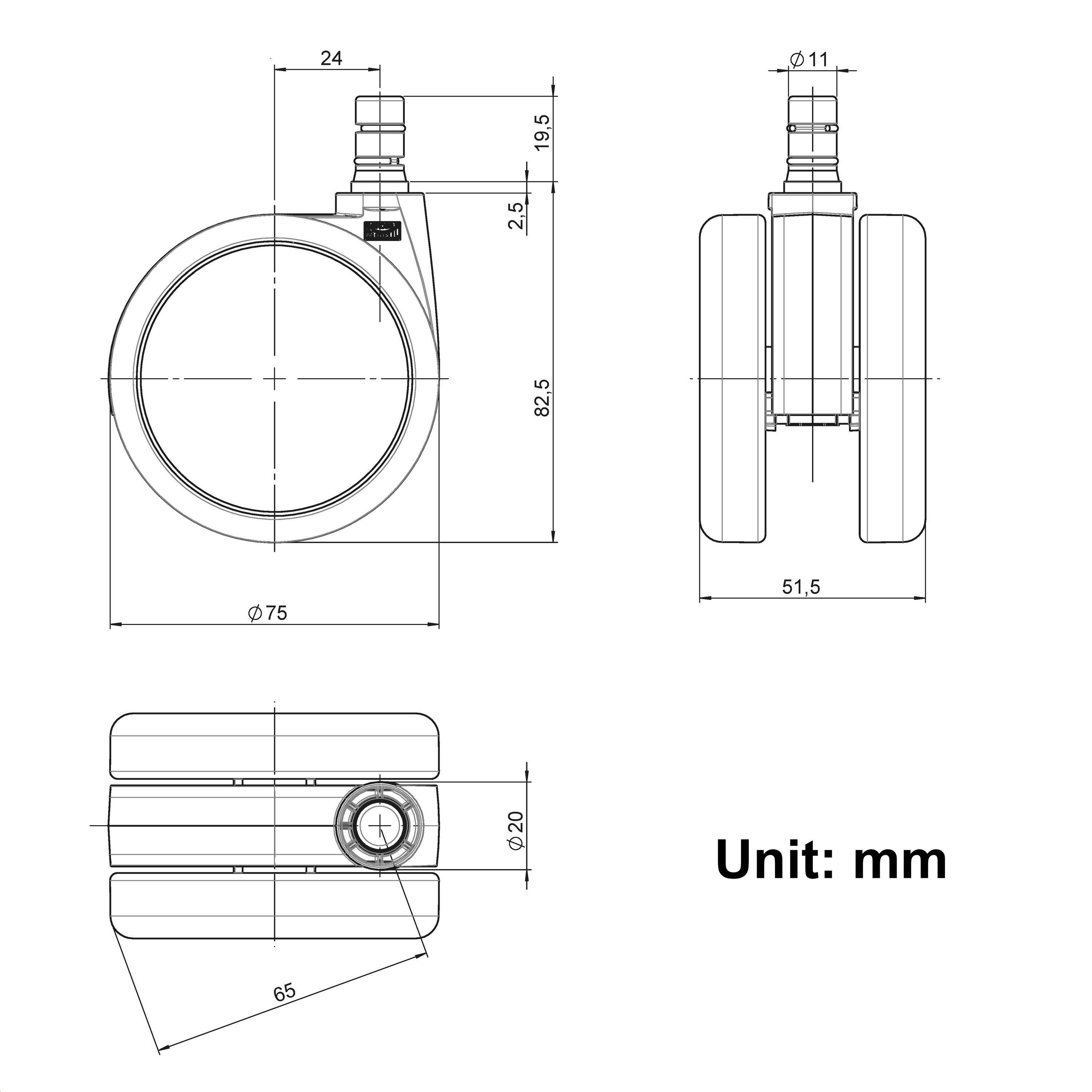 hjh OFFICE Stuhlrolle Stuhlrollen 5x ROLO No-Noise 11mm/75mm, (5er Pack)