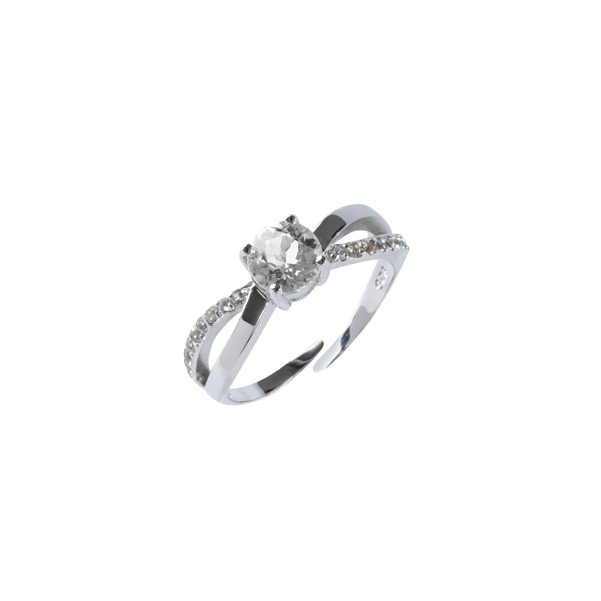 Bague réglable argent cristaux et pierre ronde en Cristal de Roche