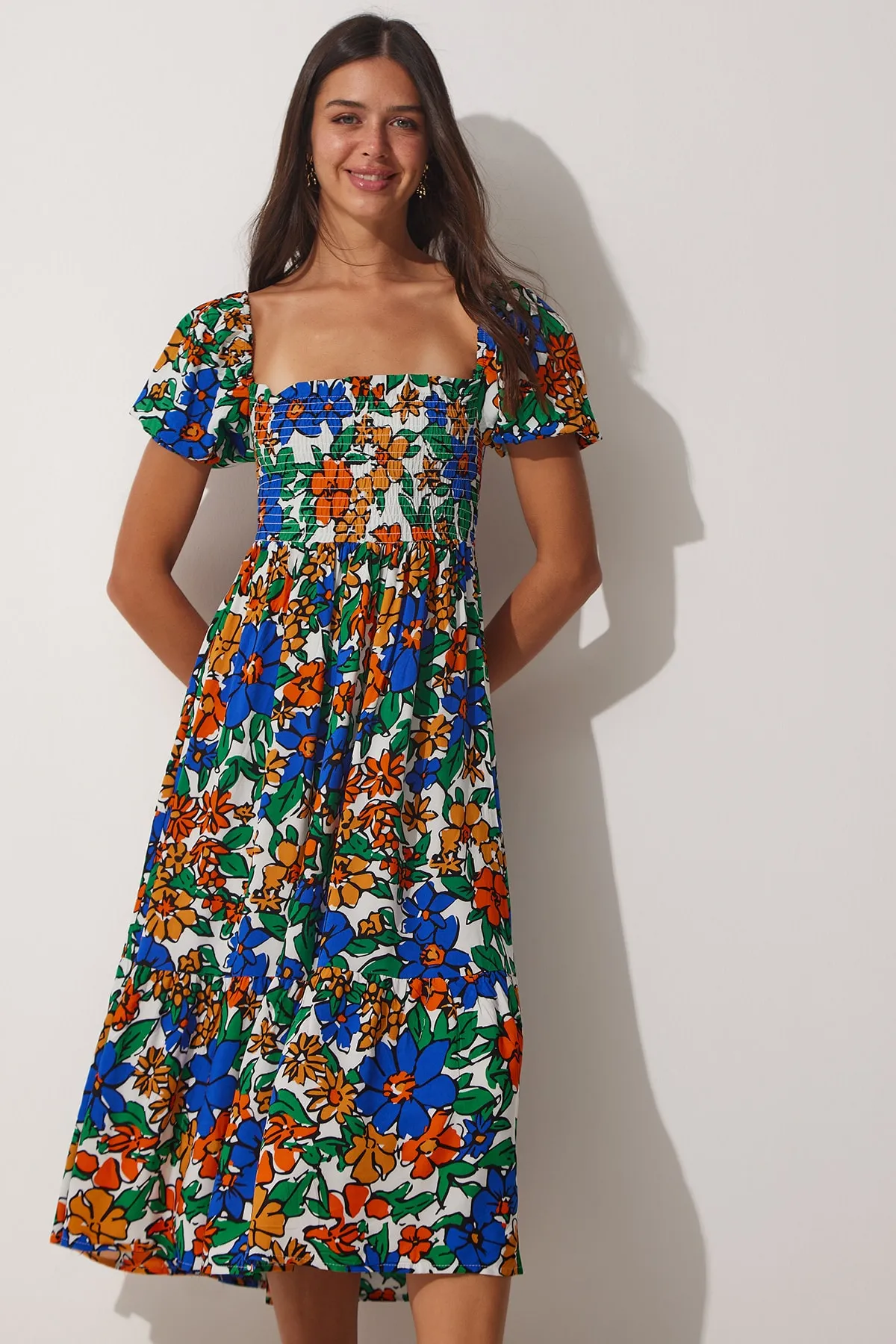 Happiness İstanbul  Damen-Sommerkleid aus Viskose mit Blumenmuster in Orange CI00079
