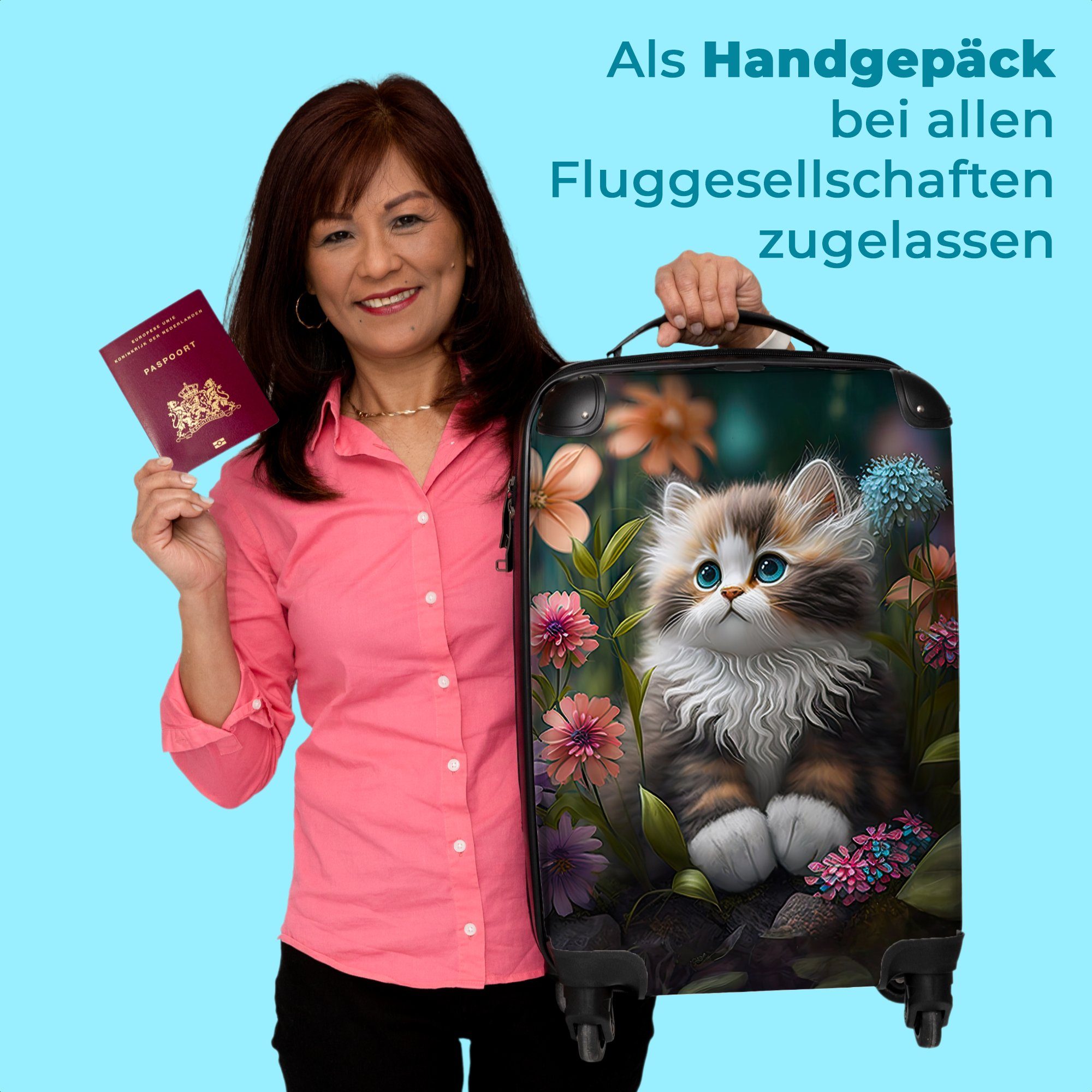 NoBoringSuitcases.com© Handgepäckkoffer 55x35x20cm Kätzchen - Illustration - Blumen - Natur - Katze, 4 Rollen, Handgepäck Trolley Rollkoffer Kleine Reisekoffer mit 4 Rollen - Cabin