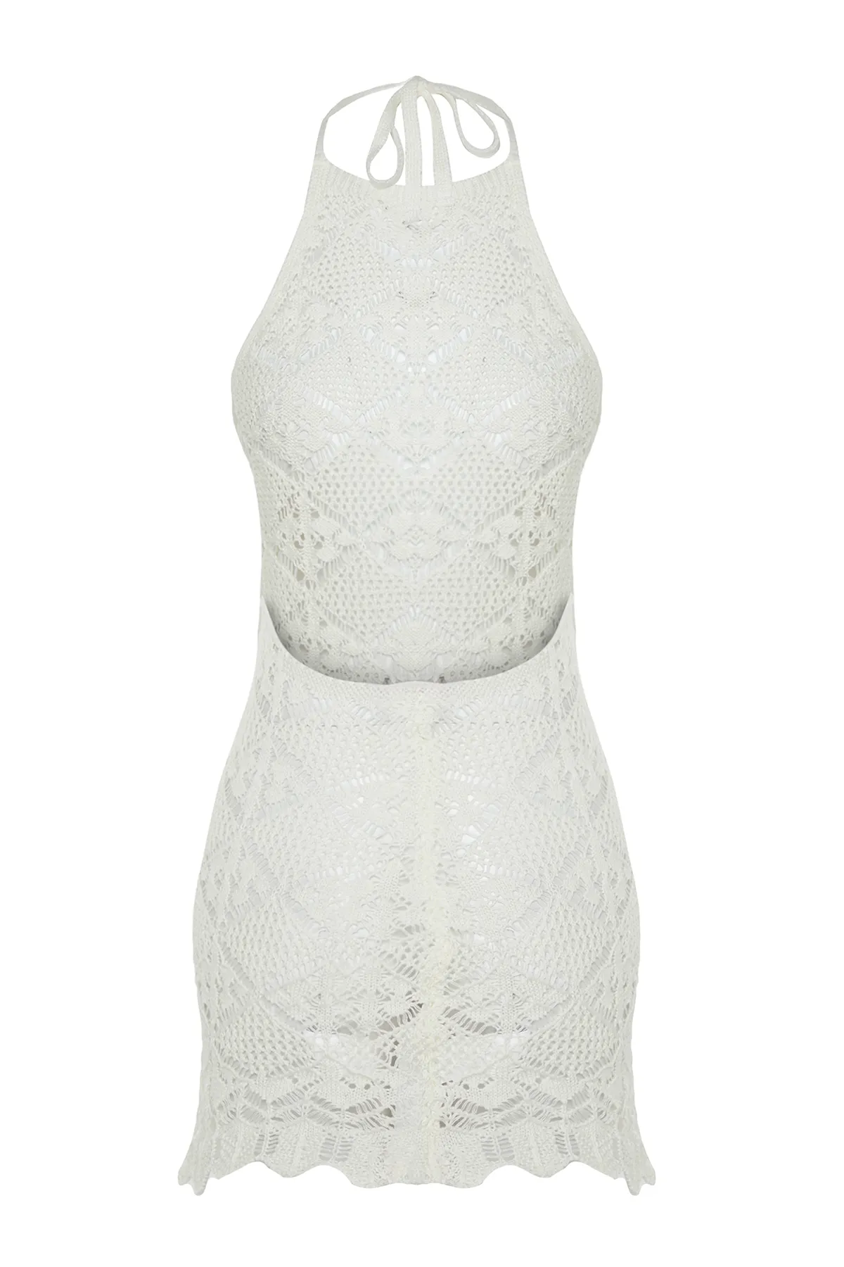 Trendyol Collection  Ecrufarbenes, figurbetontes, eng anliegendes Mini-Strandkleid mit Strickrücken und tiefem Ausschnitt in Strickoptik TBESS23EL00240