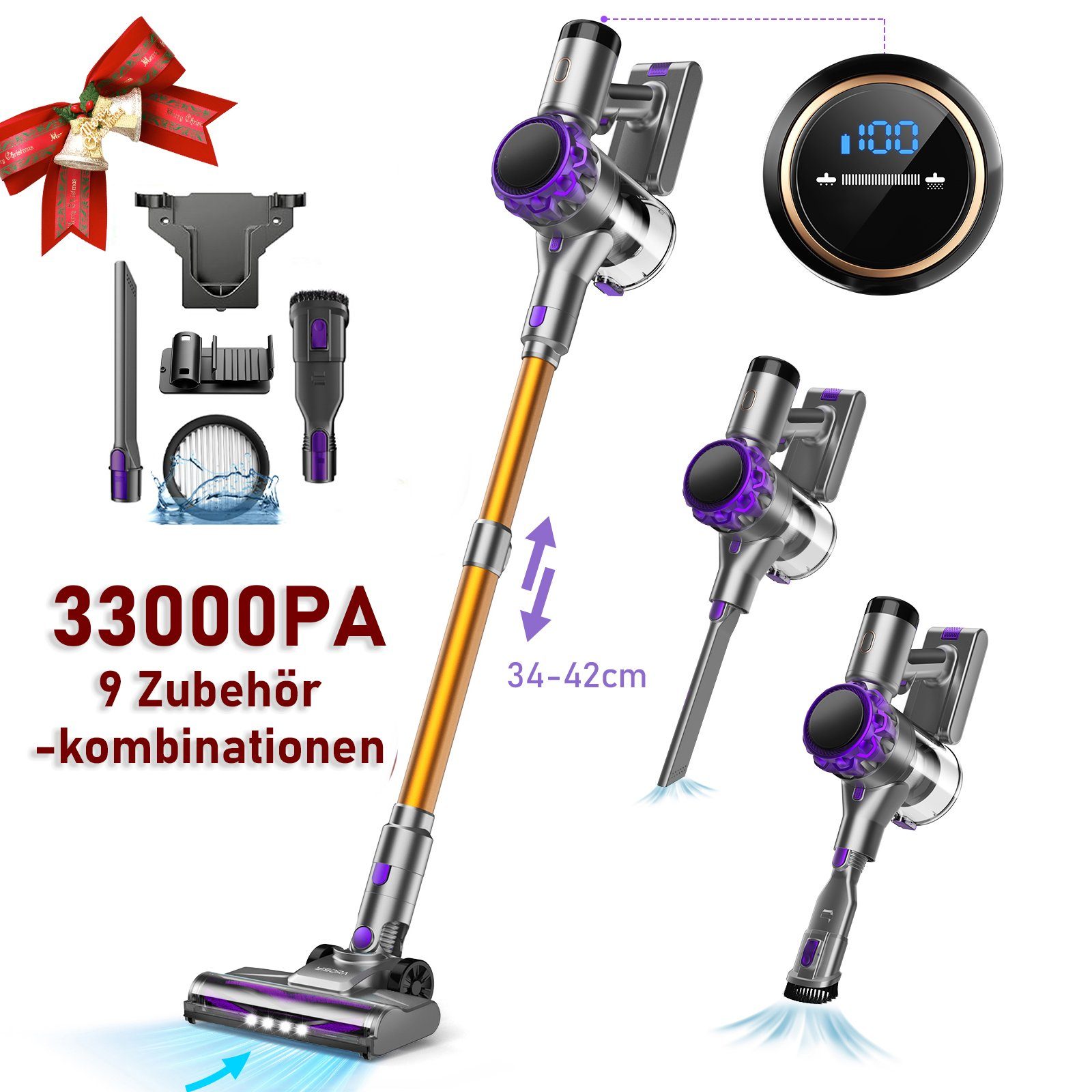 Grenintol Akku-Hand-und Stielstaubsauger Akku Staubsauger,Akku Handstaubsauger,Akkusauger 33000pa, Akku Stielstaubsauger,60Mins,1.5L Staubbehälter
