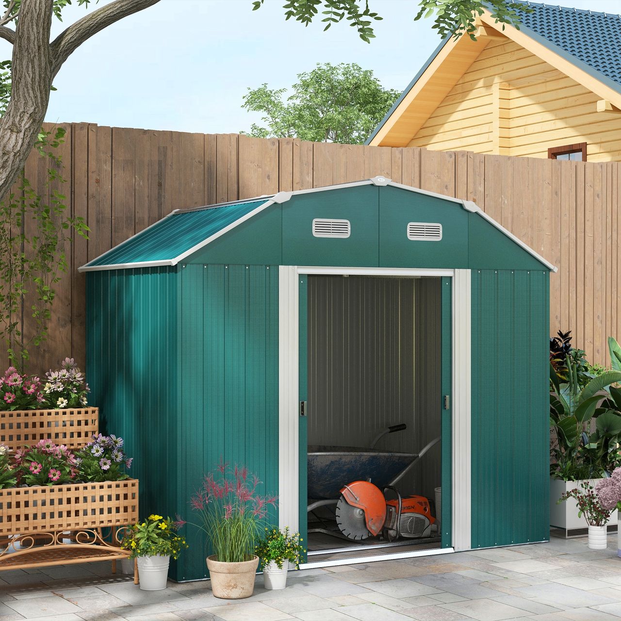 Outsunny Gerätehaus aus Stahl, 2,7 m² Geräteschuppen mit UV-Schutz, Grün