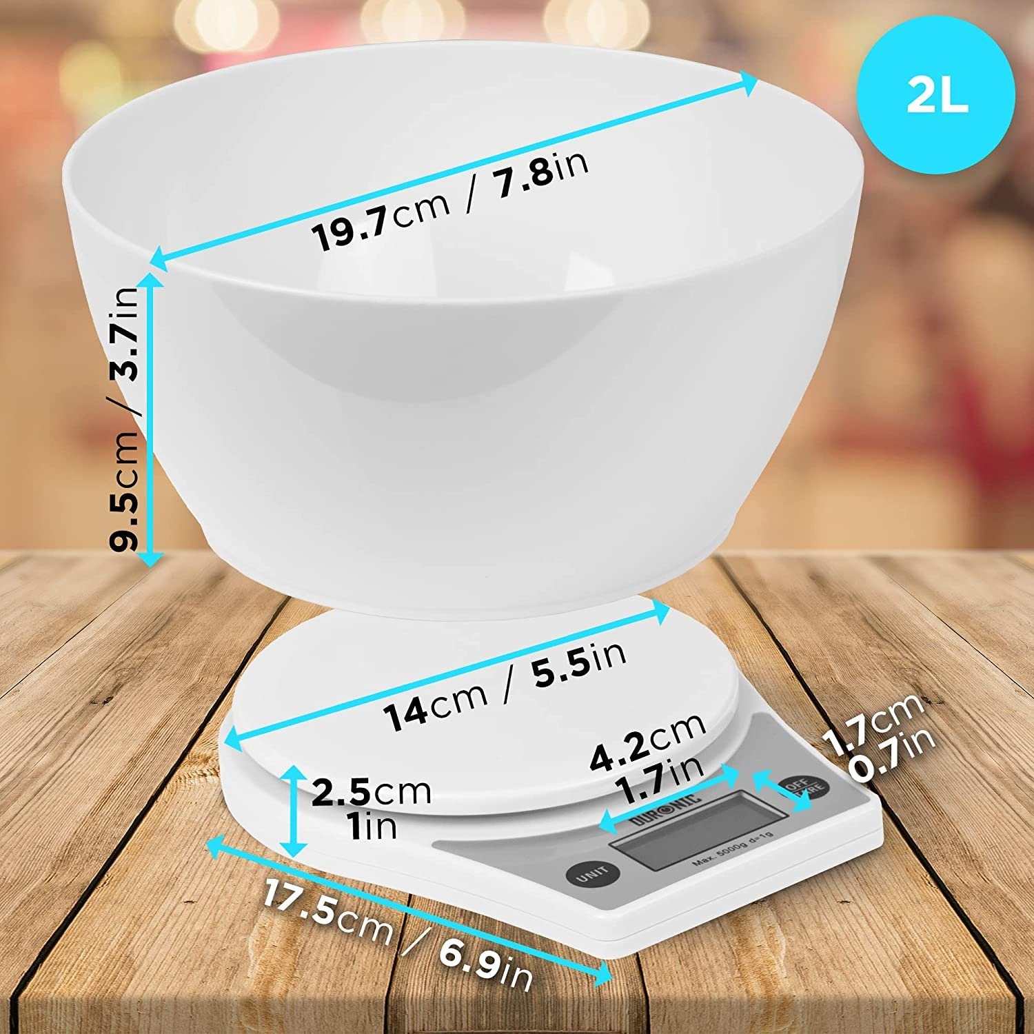 Duronic Küchenwaage, KS6000 WH/WH Küchenwaage, 5 kg Digitalwaage rund mit 2,5 L Schüssel
