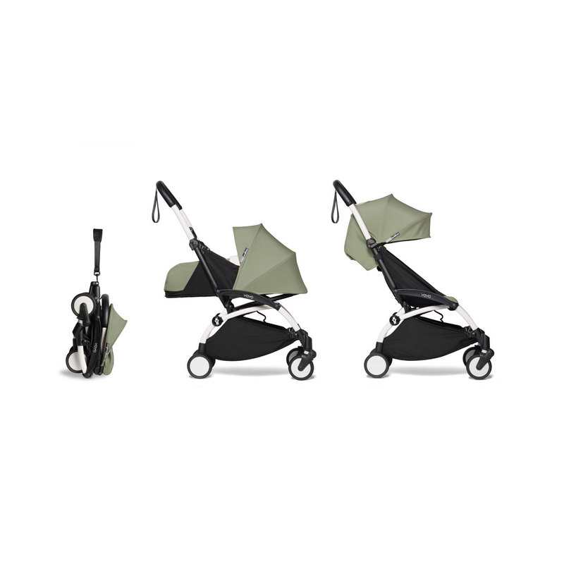 Poussette Yoyo2 4 roues châssis blanc assises 0+ et 6+ olive Babyzen