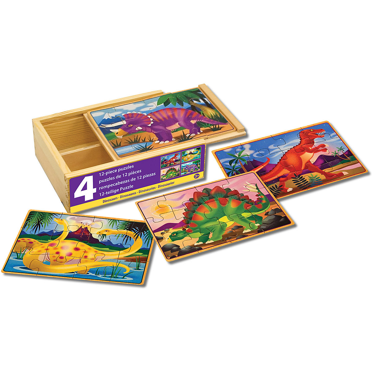 4 Holzpuzzle im Kästchen - Dinosaurier