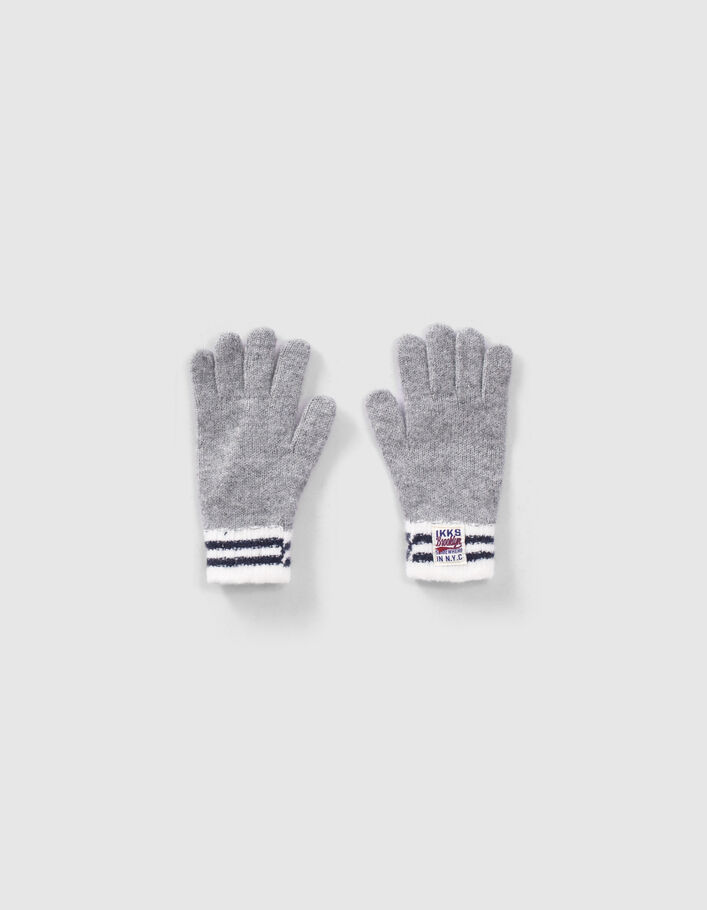 Gants gris tricot bords-côtes rayés garçon