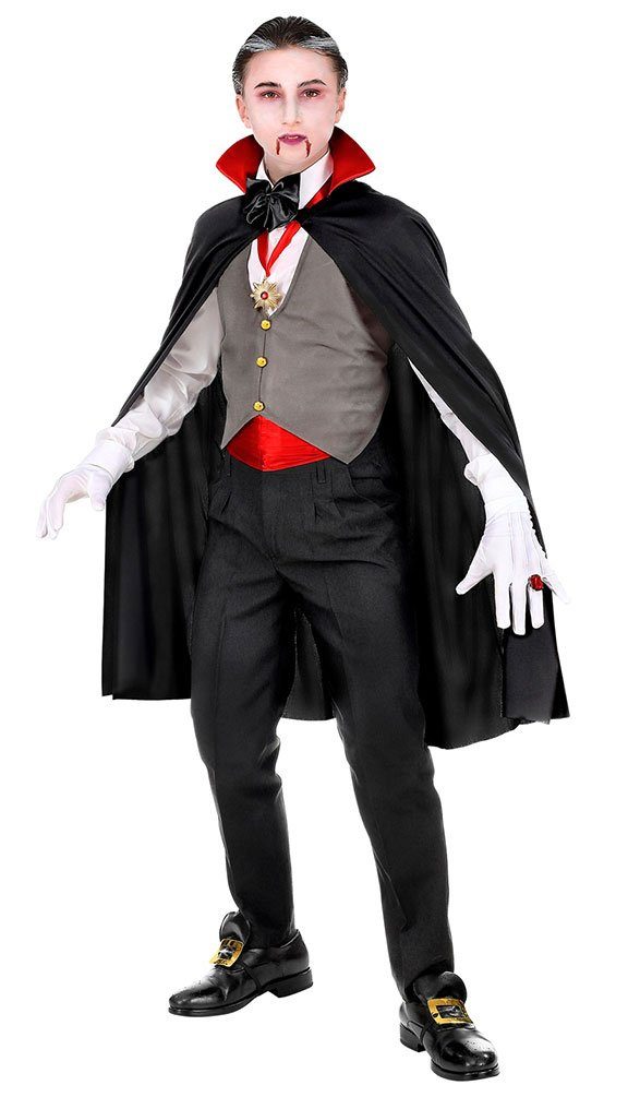 Karneval-Klamotten Vampir-Kostüm Kinder Junge schwarzer Umhang Weste und Zubehör, Halloween Kinderkostüm Dracula Umhang