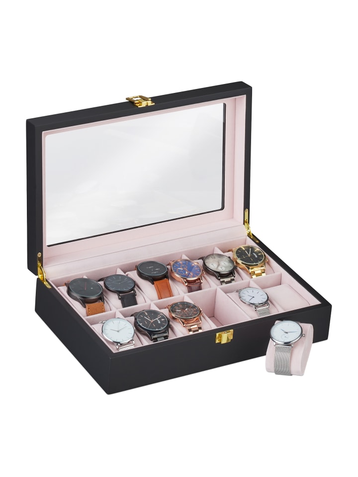 relaxdays Uhrenbox in Schwarz/ Rosa - (B)31,5 x (H)8,5 x (T)21 cm günstig kaufen onesize
