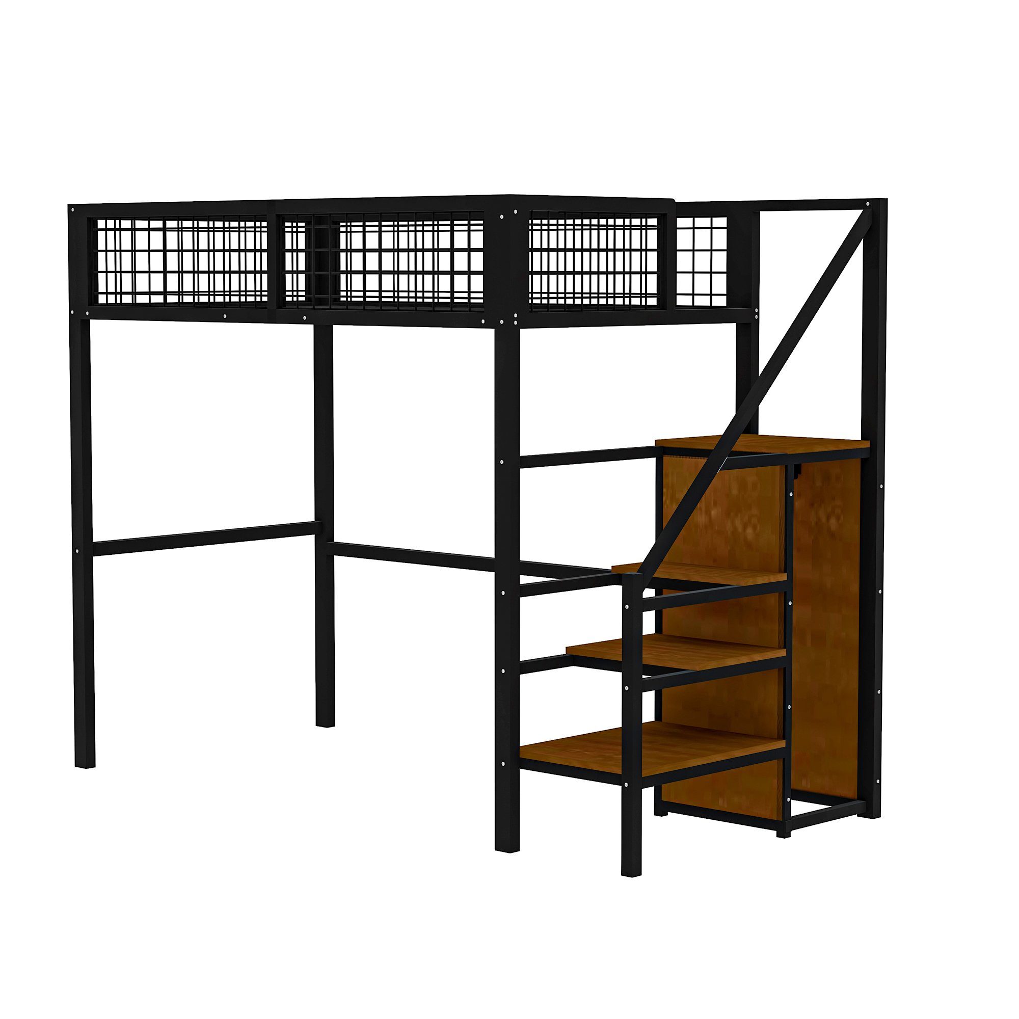 REDOM Metallbett Hochbett Einzelbett Stauraumbett Funktionsbett 90x200 cm (mit Leiter, Kinderbett mit Eisenrahmen und Aufbewahrungsregal, Kleiderschrank), ohne Matratze, Kein Stuhl