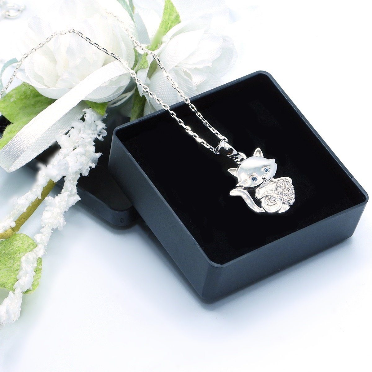 Goldene Hufeisen Kette mit Anhänger Katze mit Herz Halskette aus 925 Silber mit Zirkonia (2-tlg, inkl- Etui), Rhodiniert
