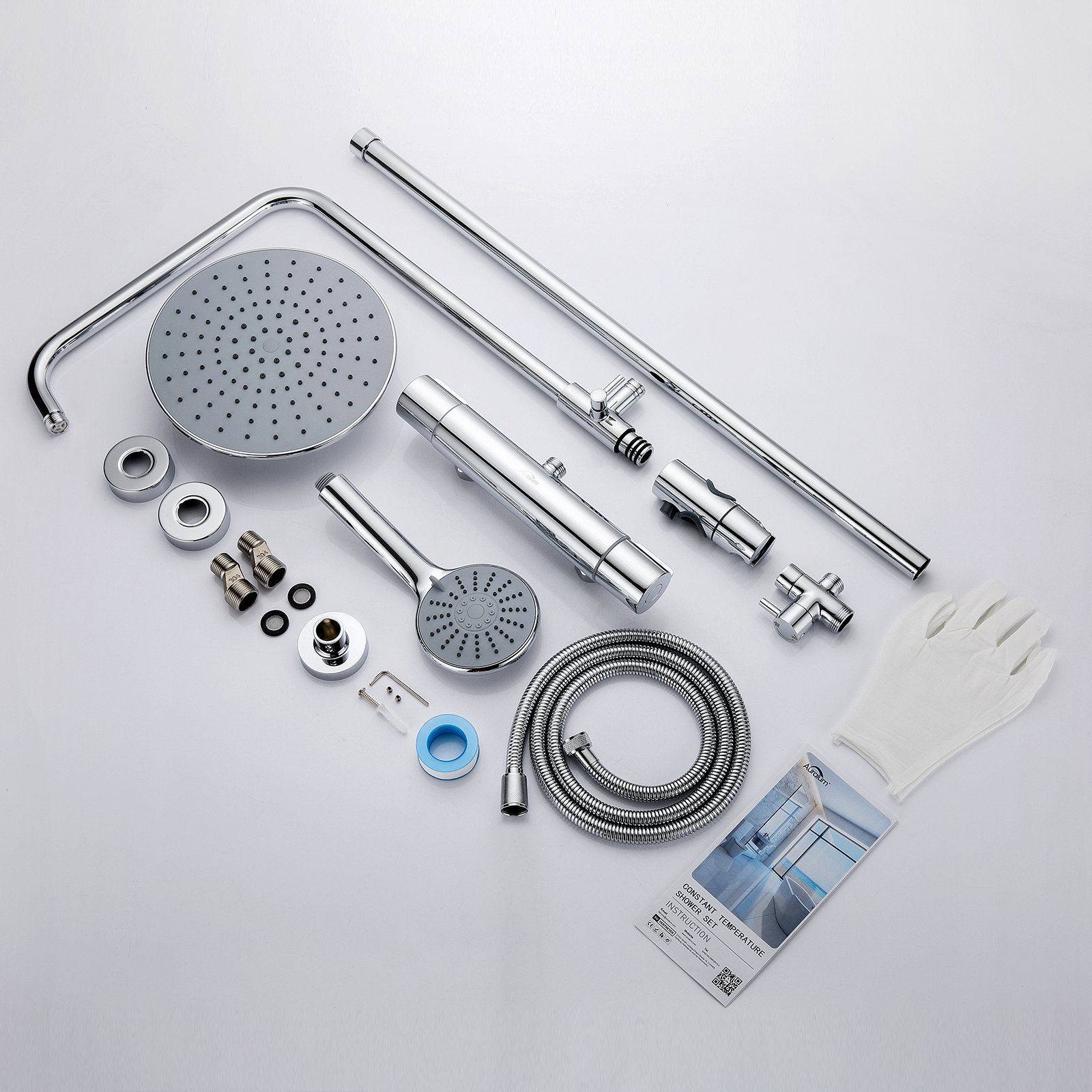 Auralum Duschsystem mit Thermostat Duscharmatur Regendusche Duschset Dusch Handbrause, Chorm Brausegarnitur, mit 3 Strahlarten