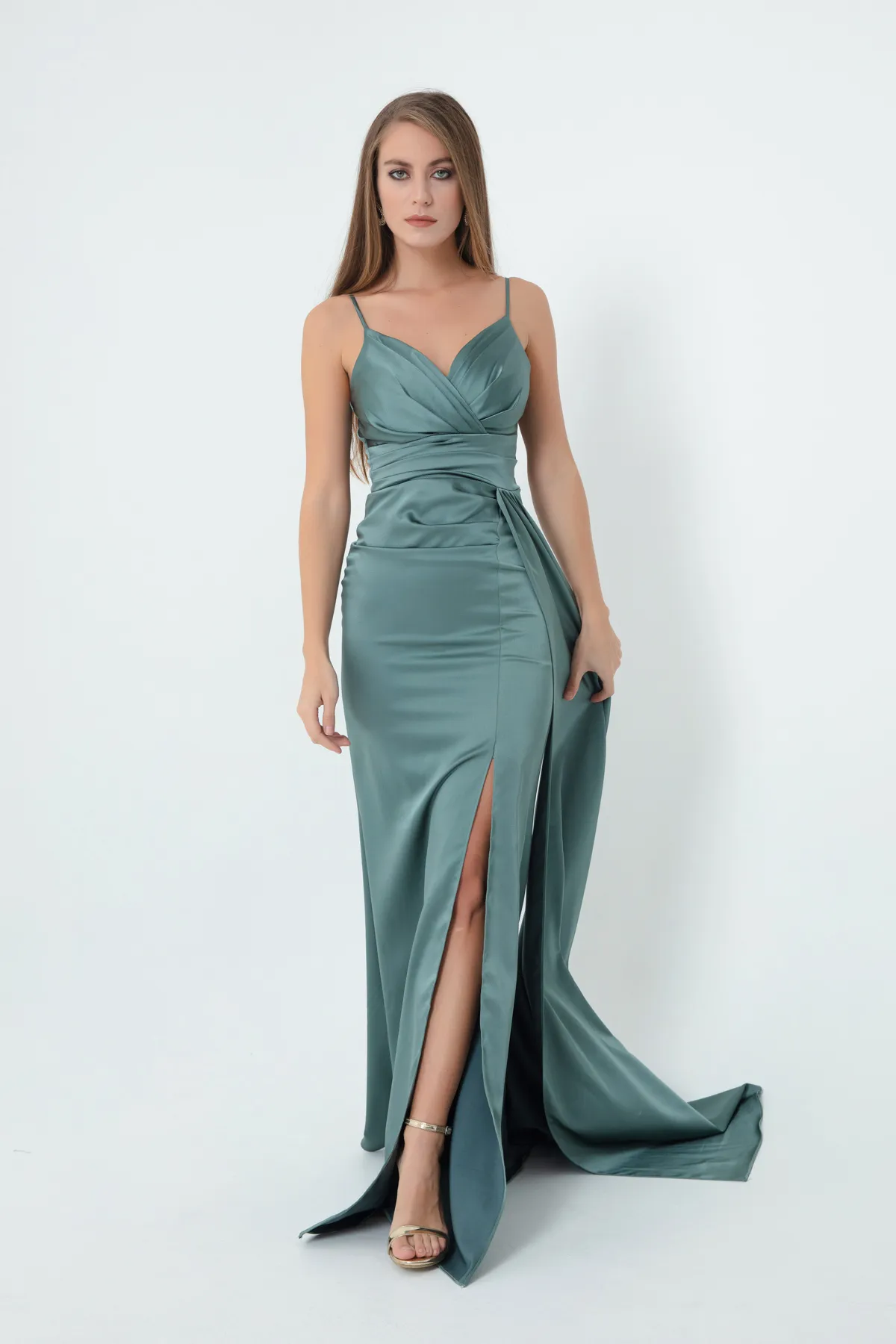 Lafaba  Langes Satin-Abendkleid und Abschlusskleid für Damen mit türkisfarbenen Trägern