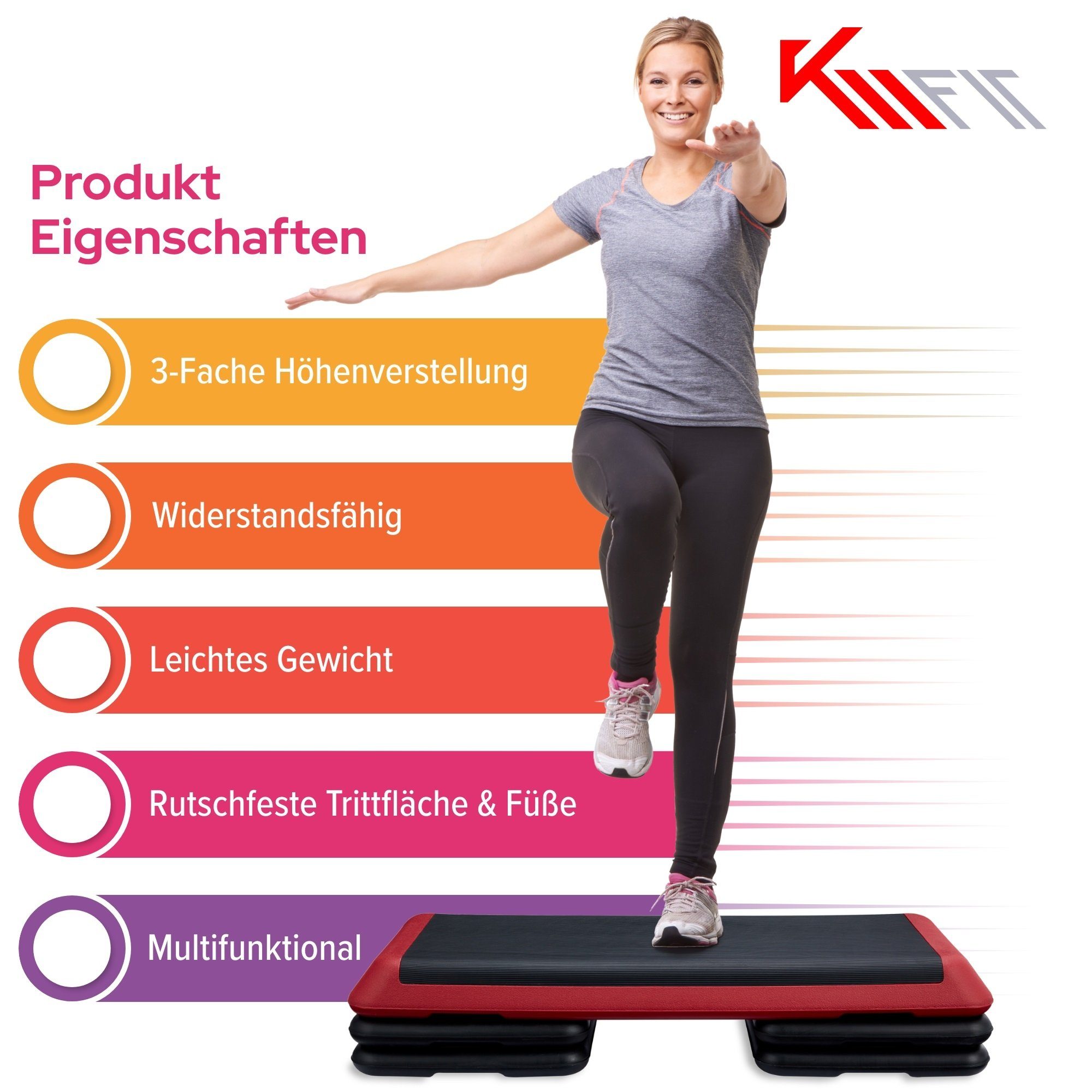 KM - Fit Stepper Fitness Stepper-Brett Aerobic Step-Bench Steppbrett Stepbank, 3-Höhen
